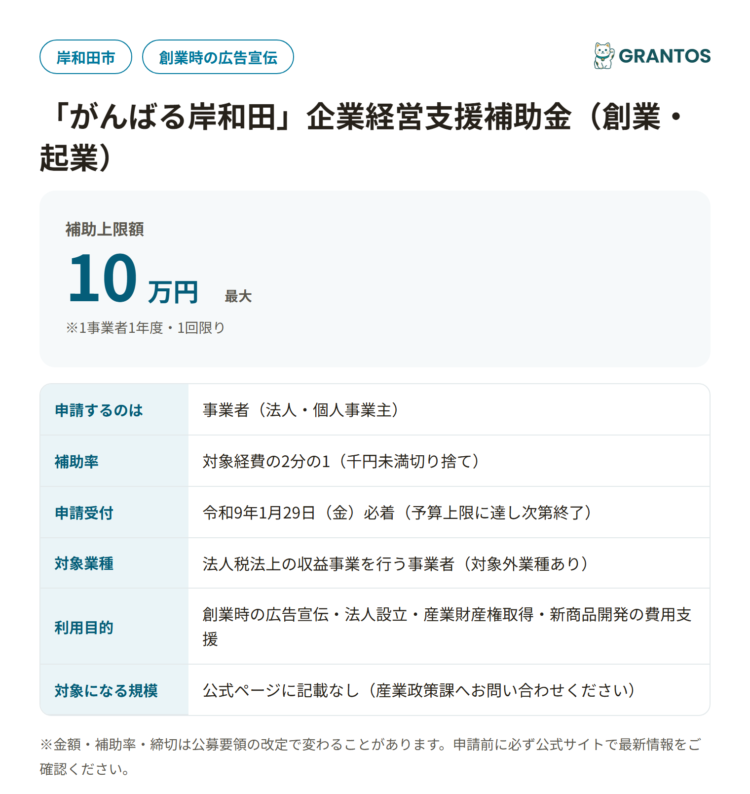 「がんばる岸和田」企業経営支援補助金（創業・起業）の対象・金額・締切の概要