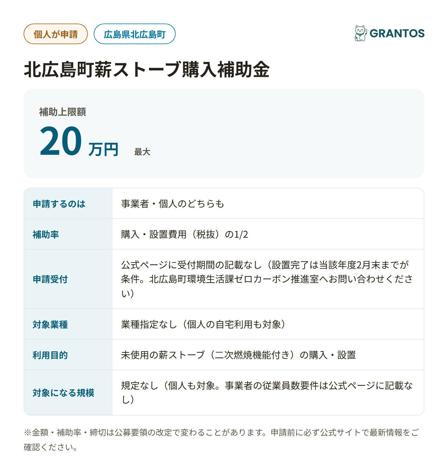 北広島町薪ストーブ購入補助金の対象・金額・締切の概要