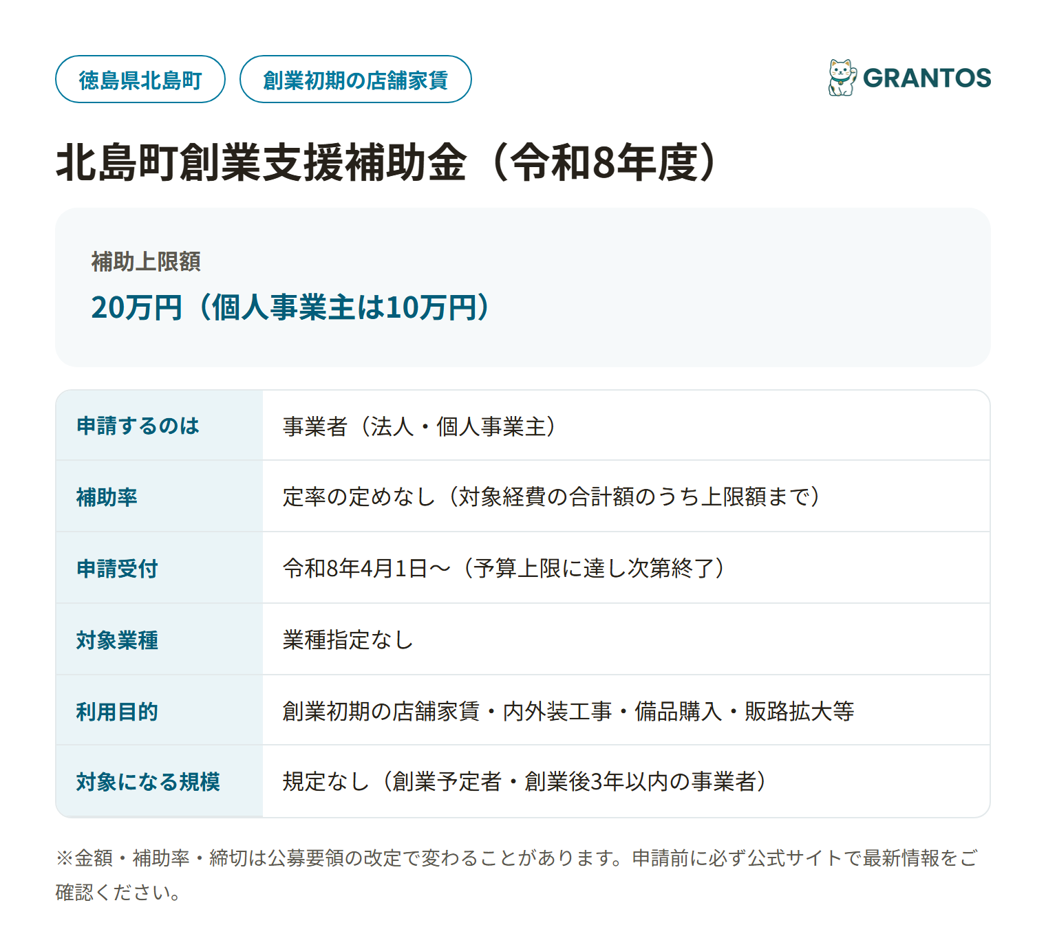 北島町創業支援補助金の対象・金額・締切の概要
