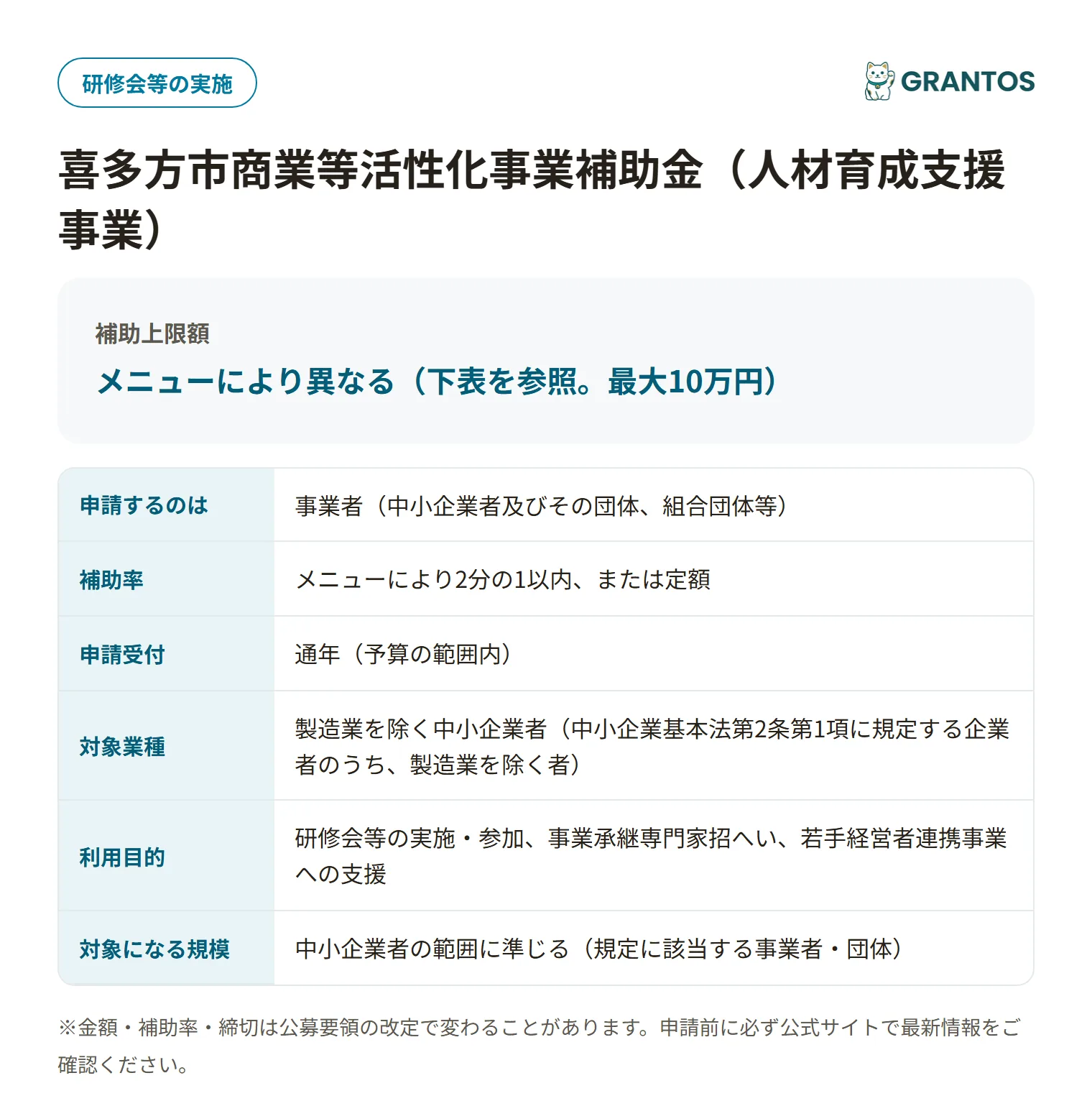 商業等活性化事業補助金（人材育成支援事業）の対象・金額・締切の概要