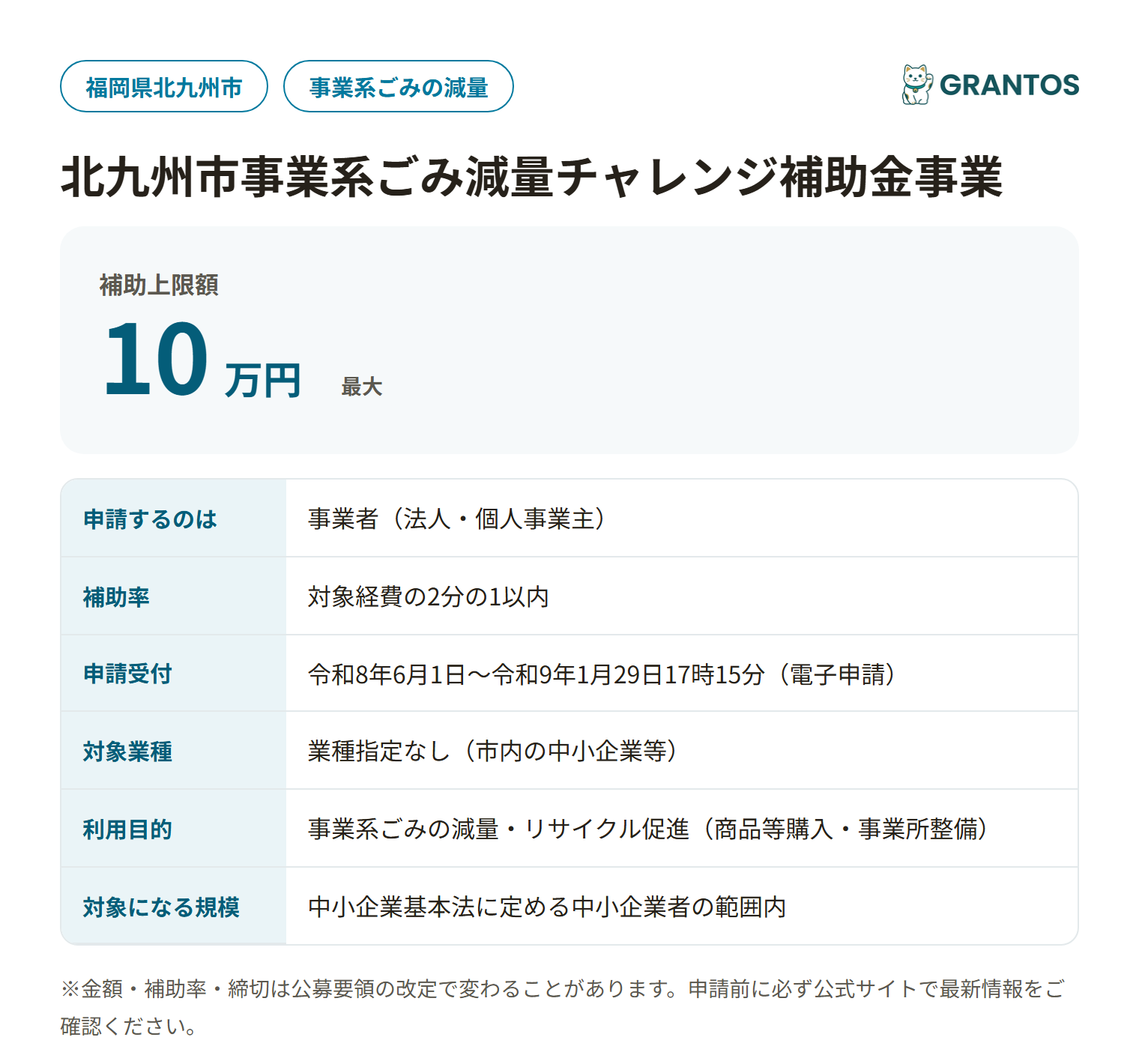 北九州市事業系ごみ減量チャレンジ補助金の対象・金額・締切の概要