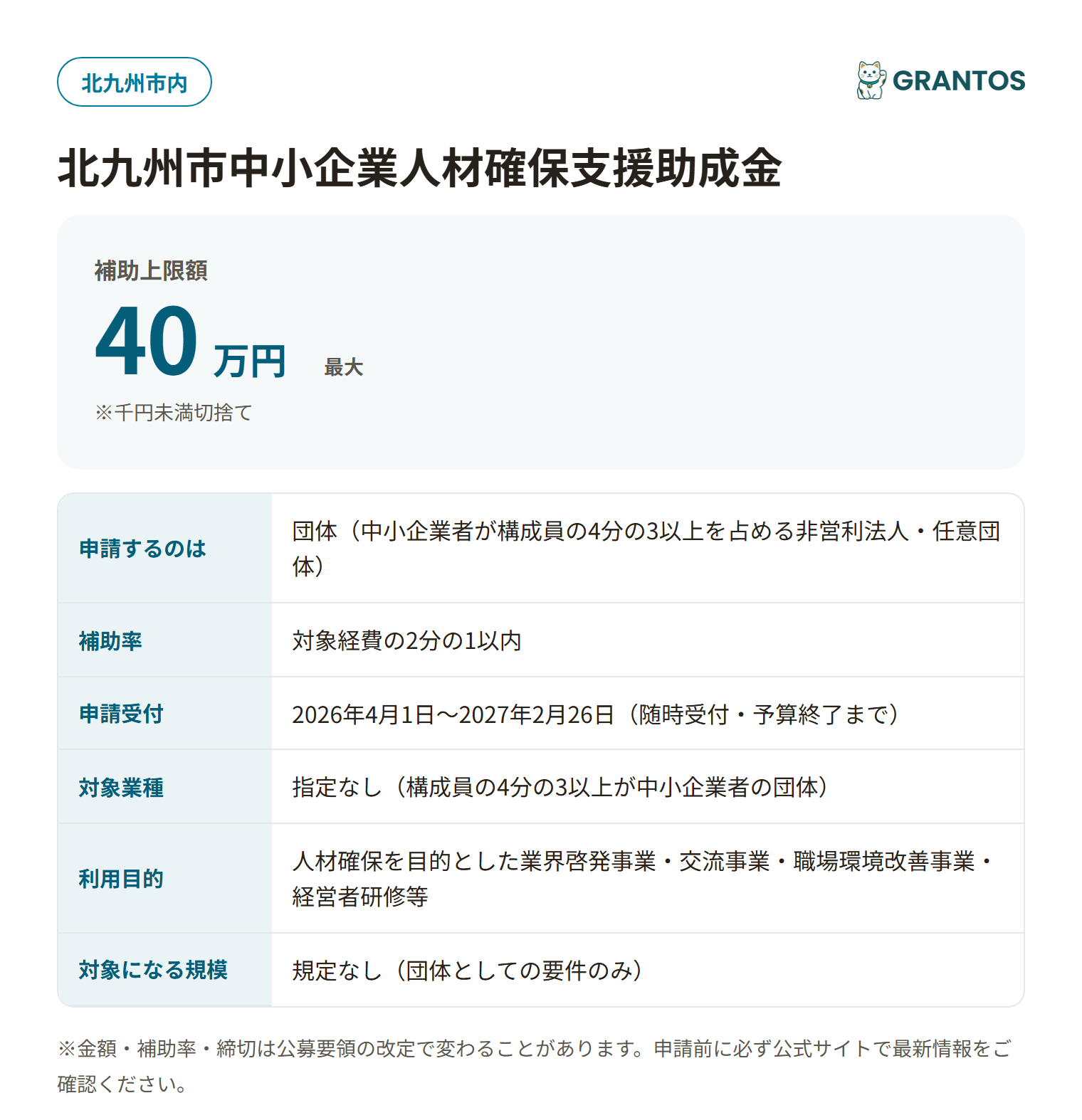 北九州市中小企業人材確保支援助成金の対象・金額・締切の概要