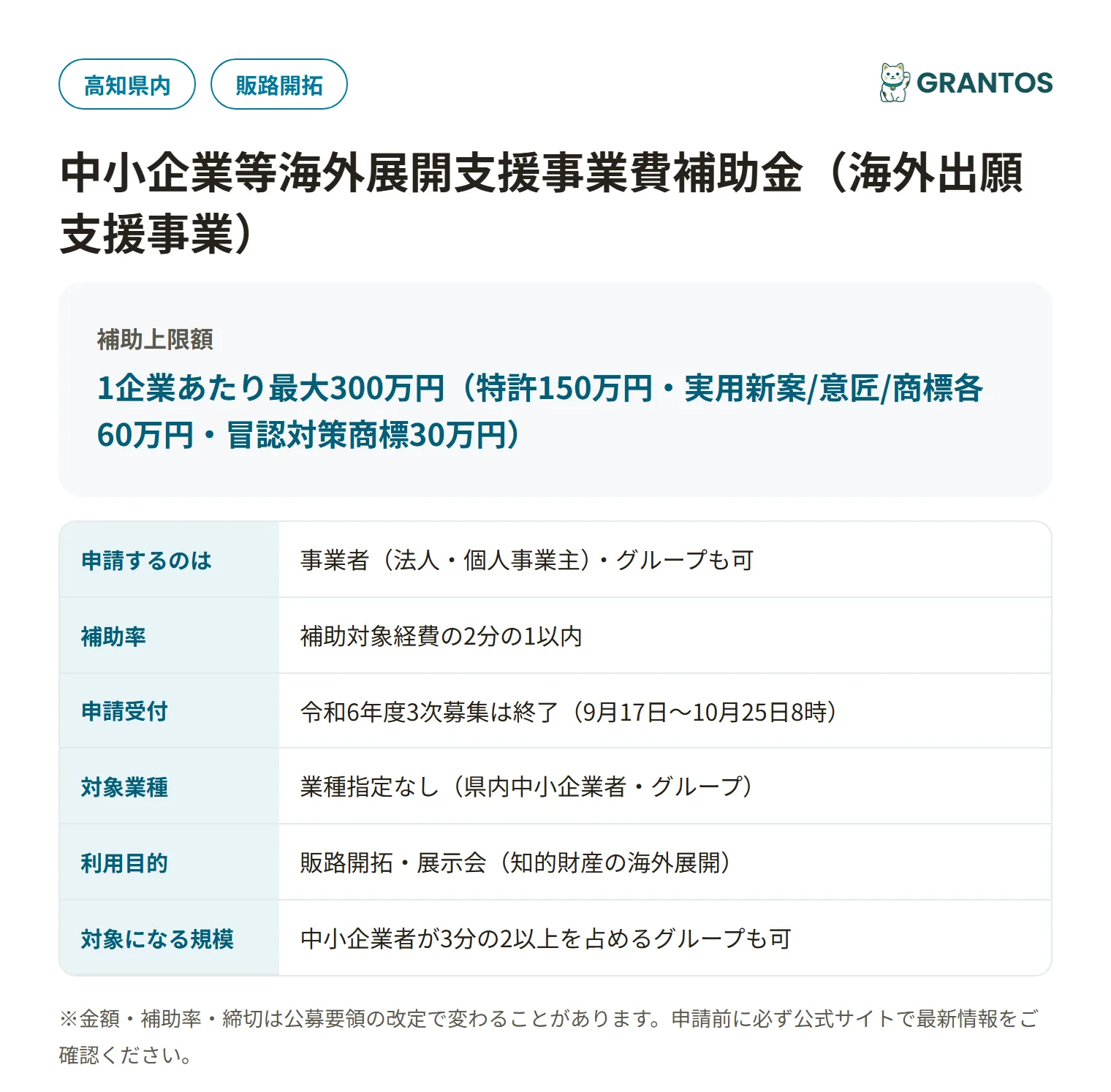 中小企業等海外展開支援事業費補助金（海外出願支援事業）の対象・金額・締切の概要