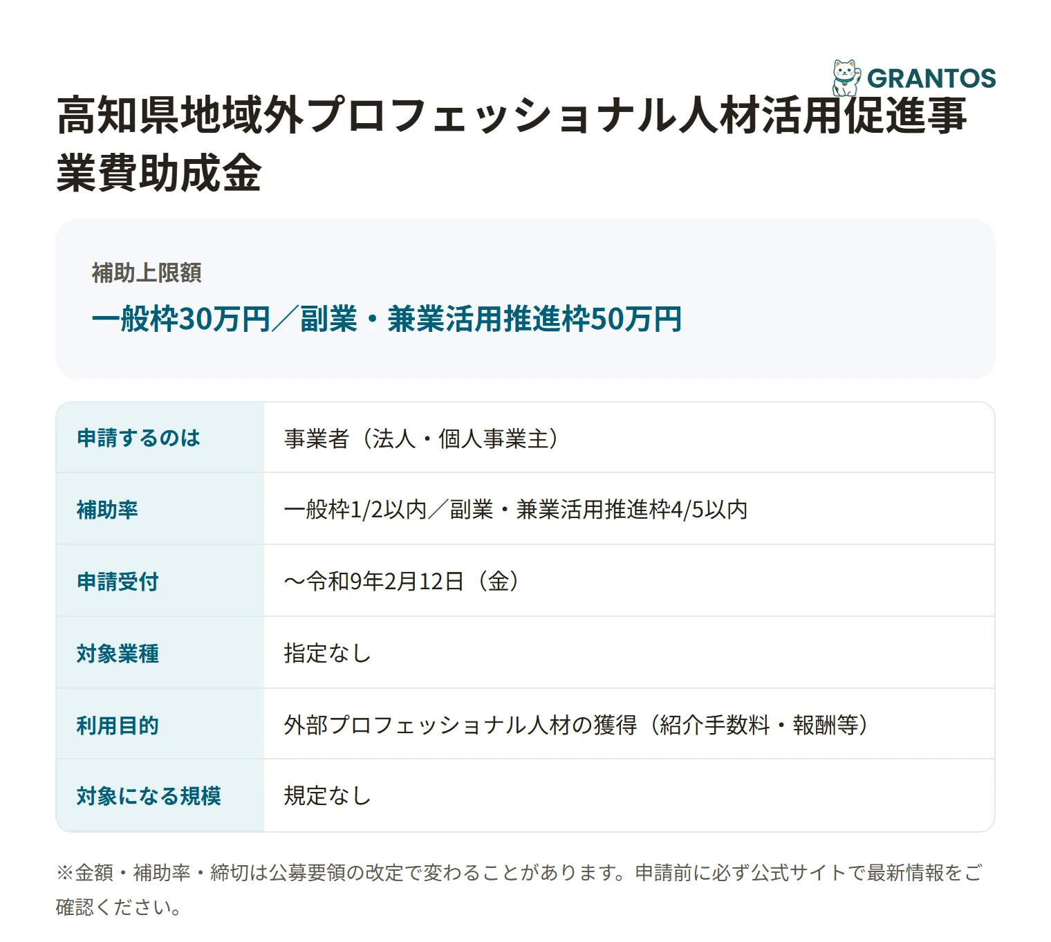プロ人材助成金の対象・金額・締切の概要