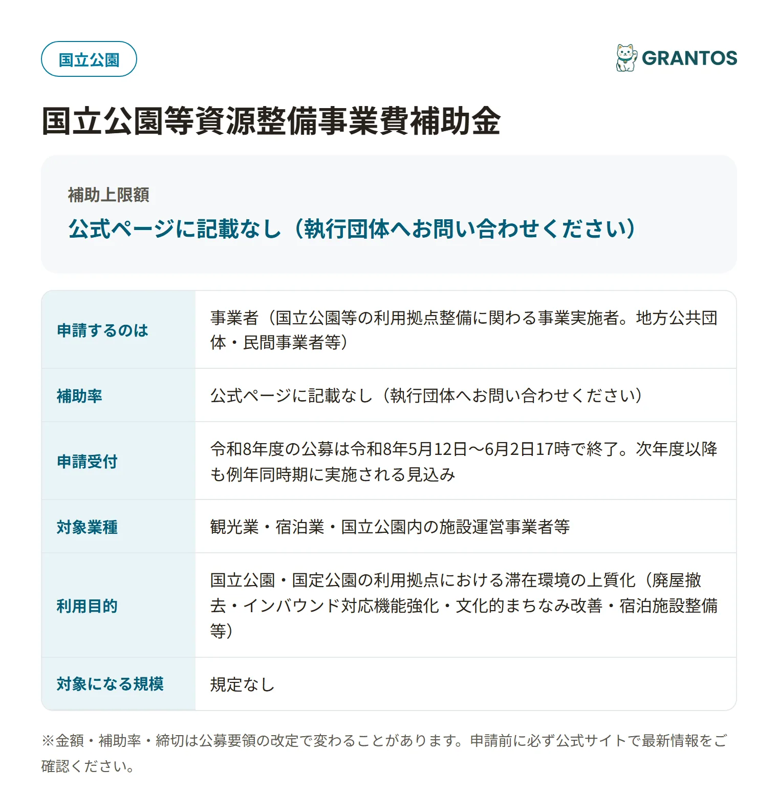 国立公園等利用拠点滞在環境等上質化事業の対象・金額・締切の概要