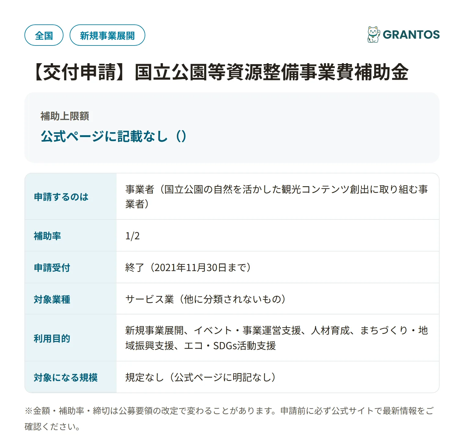 国立公園滞在型観光コンテンツ創出補助金の対象・金額・締切の概要