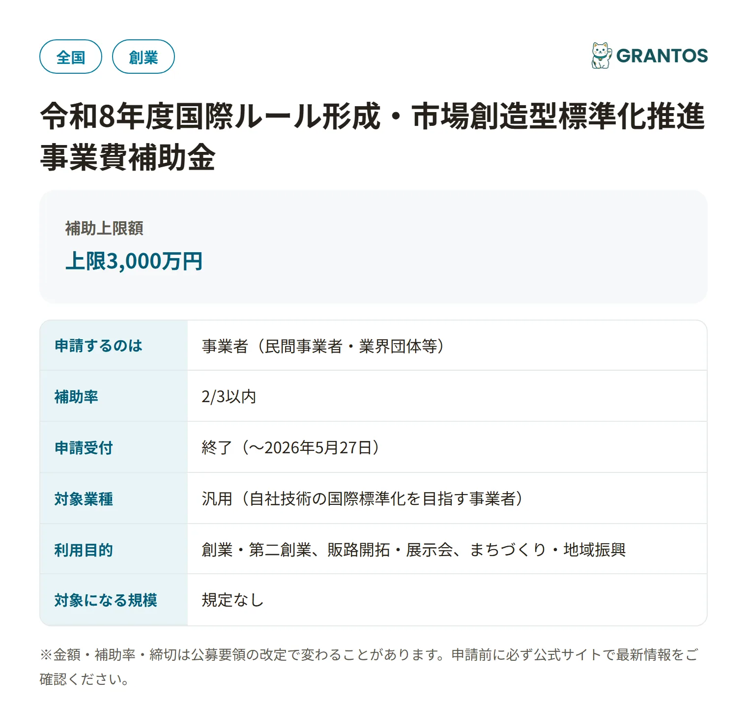 国際ルール形成・市場創造型標準化推進事業費補助金の対象・金額・締切の概要