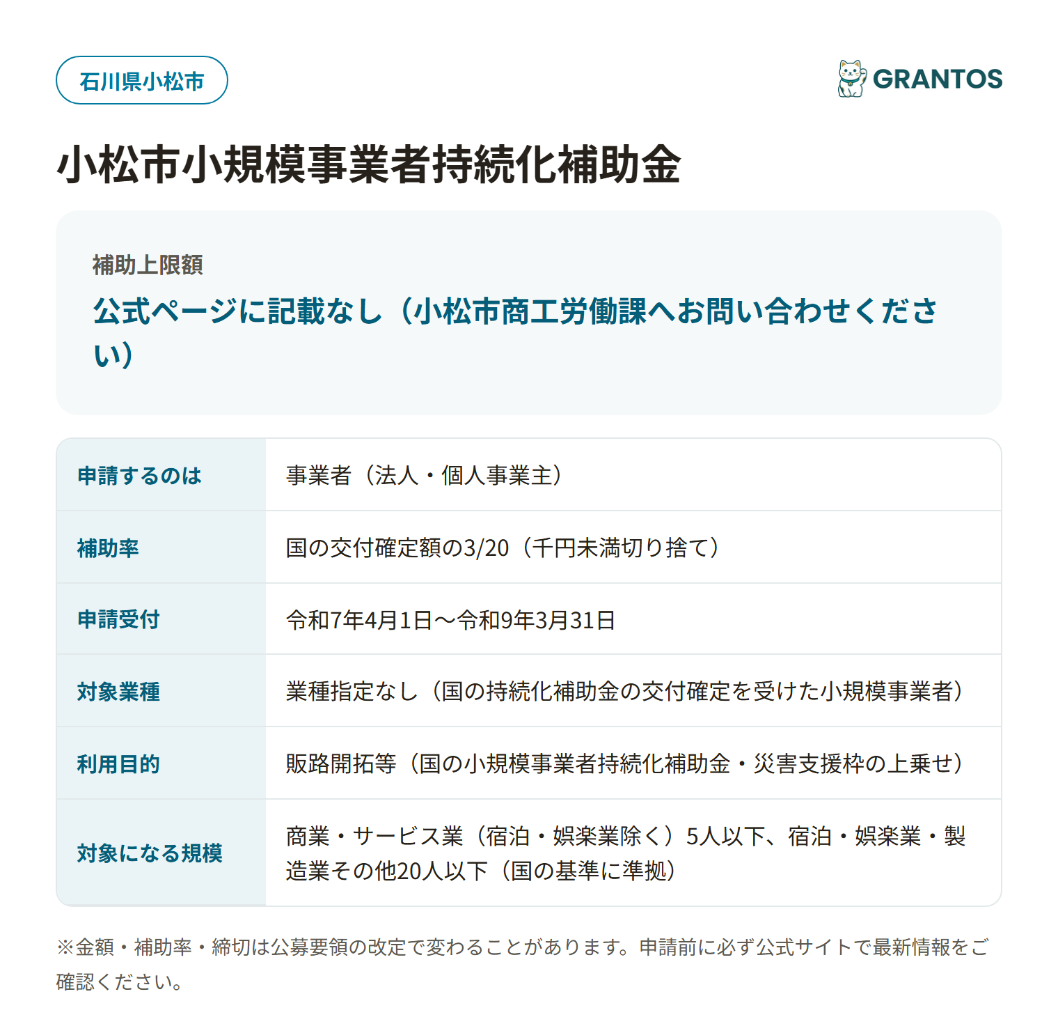 小松市小規模事業者持続化補助金の対象・金額・締切の概要