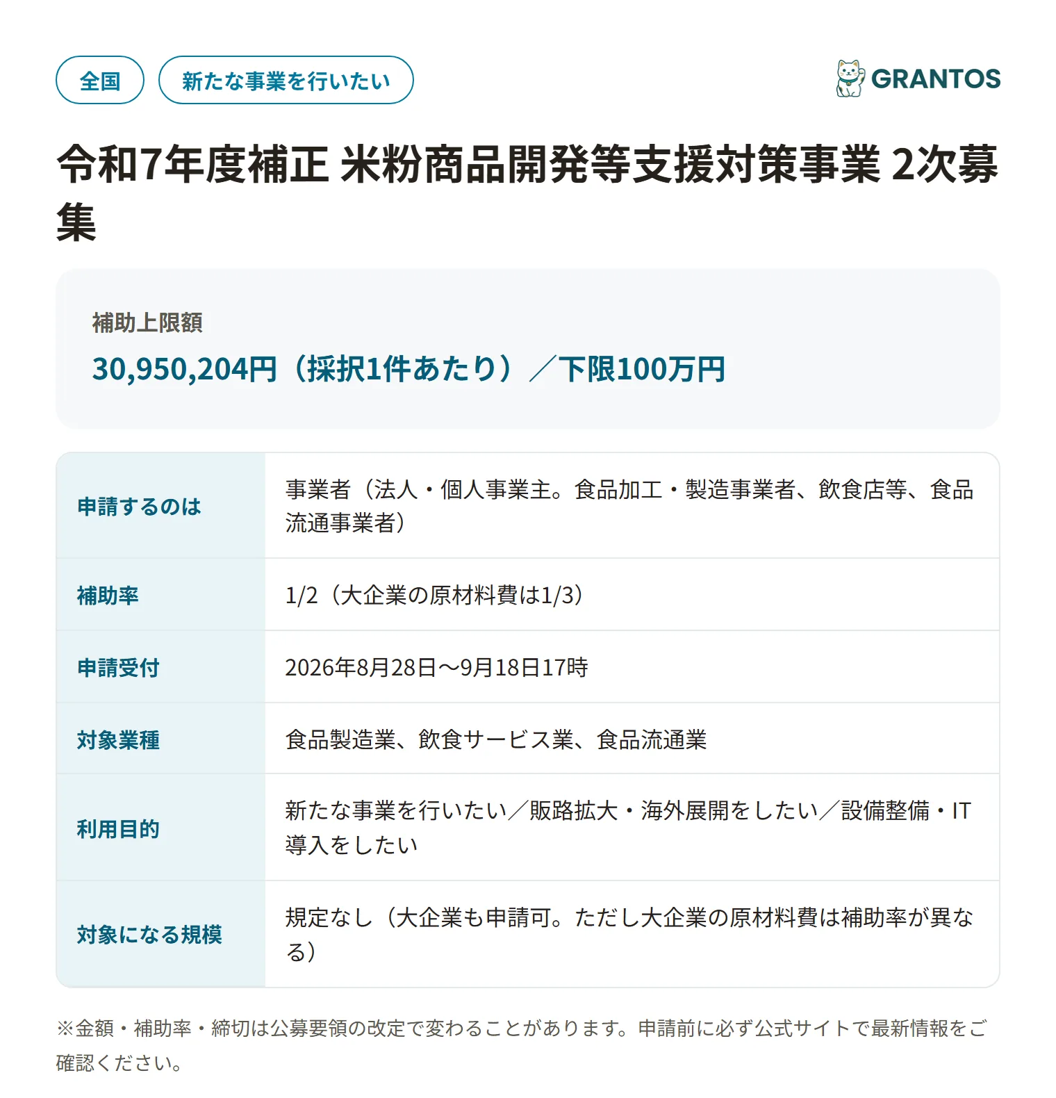 米粉商品開発等支援対策事業の対象・金額・締切の概要