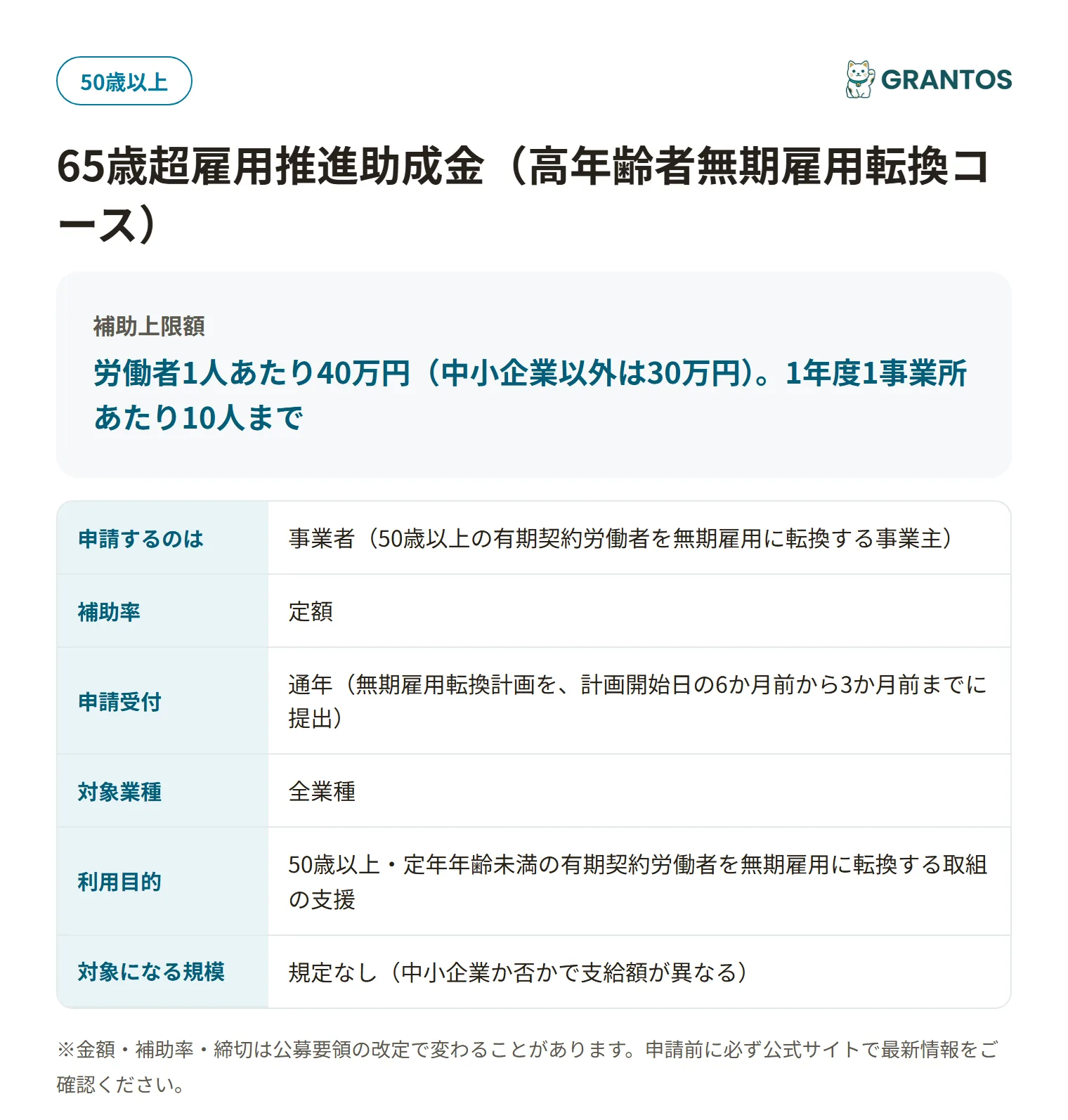 65歳超雇用推進助成金(高年齢者無期雇用転換コース)の対象・金額・締切の概要