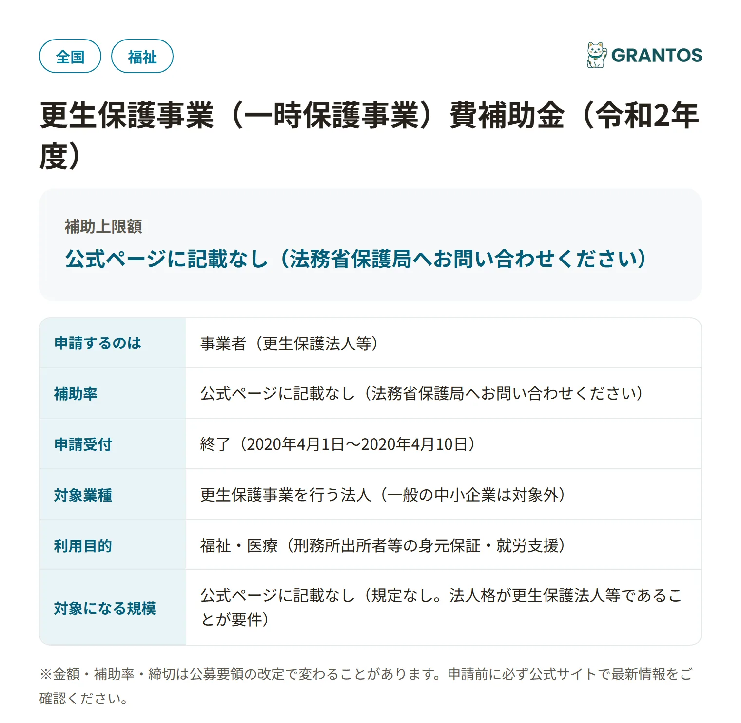 更生保護事業（一時保護事業）費補助金の対象・金額・締切の概要