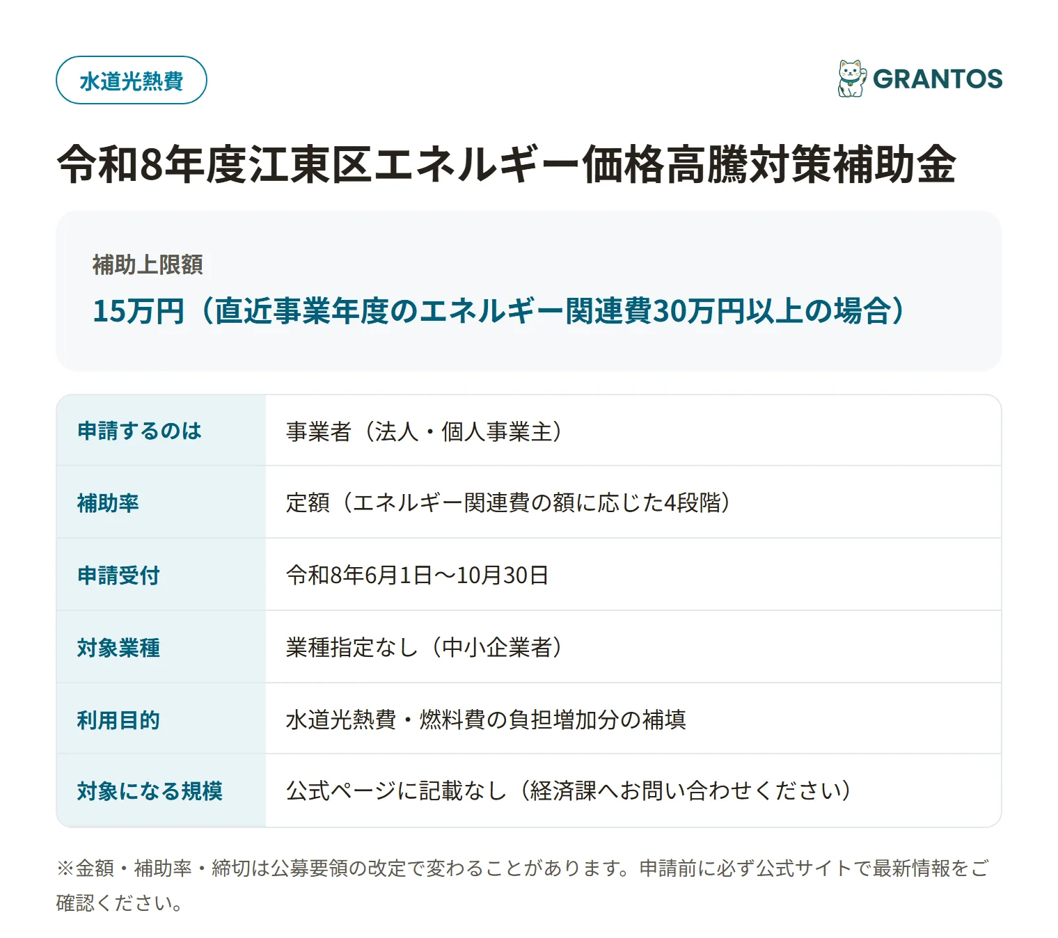 令和8年度江東区エネルギー価格高騰対策補助金の対象・金額・締切の概要
