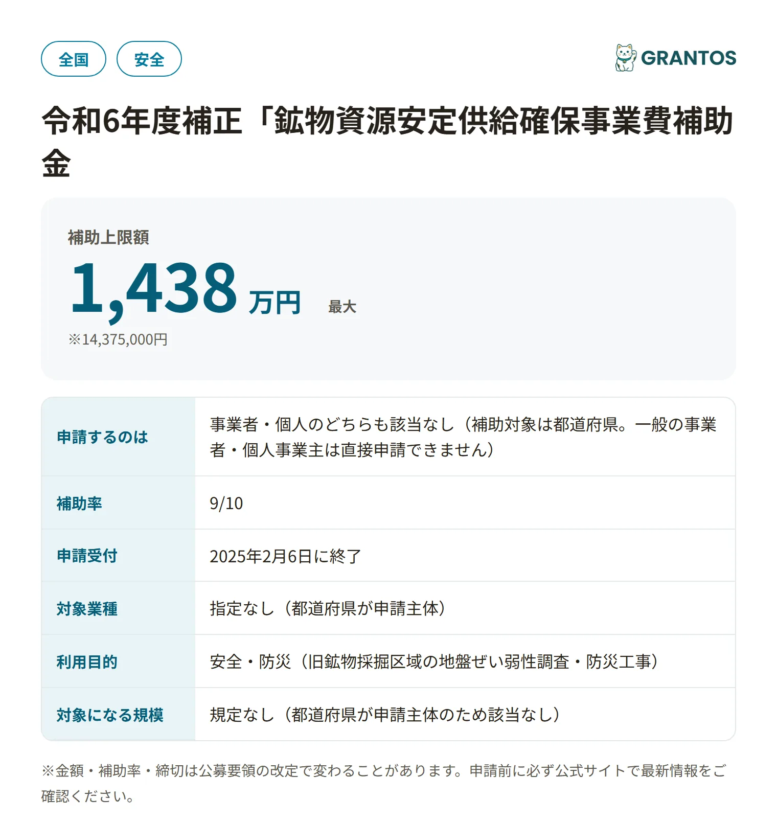 鉱物資源安定供給確保事業費補助金（検証事業分）の対象・金額・締切の概要