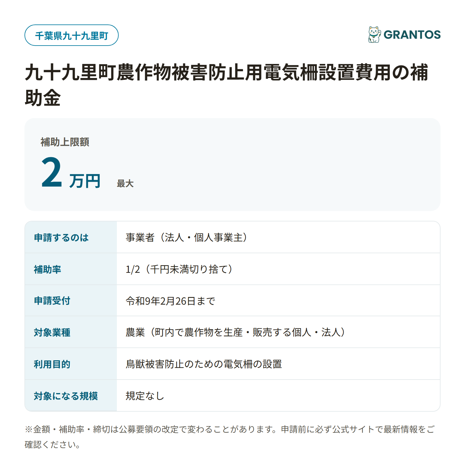 九十九里町農作物被害防止用電気柵設置費用の補助金の対象・金額・締切の概要