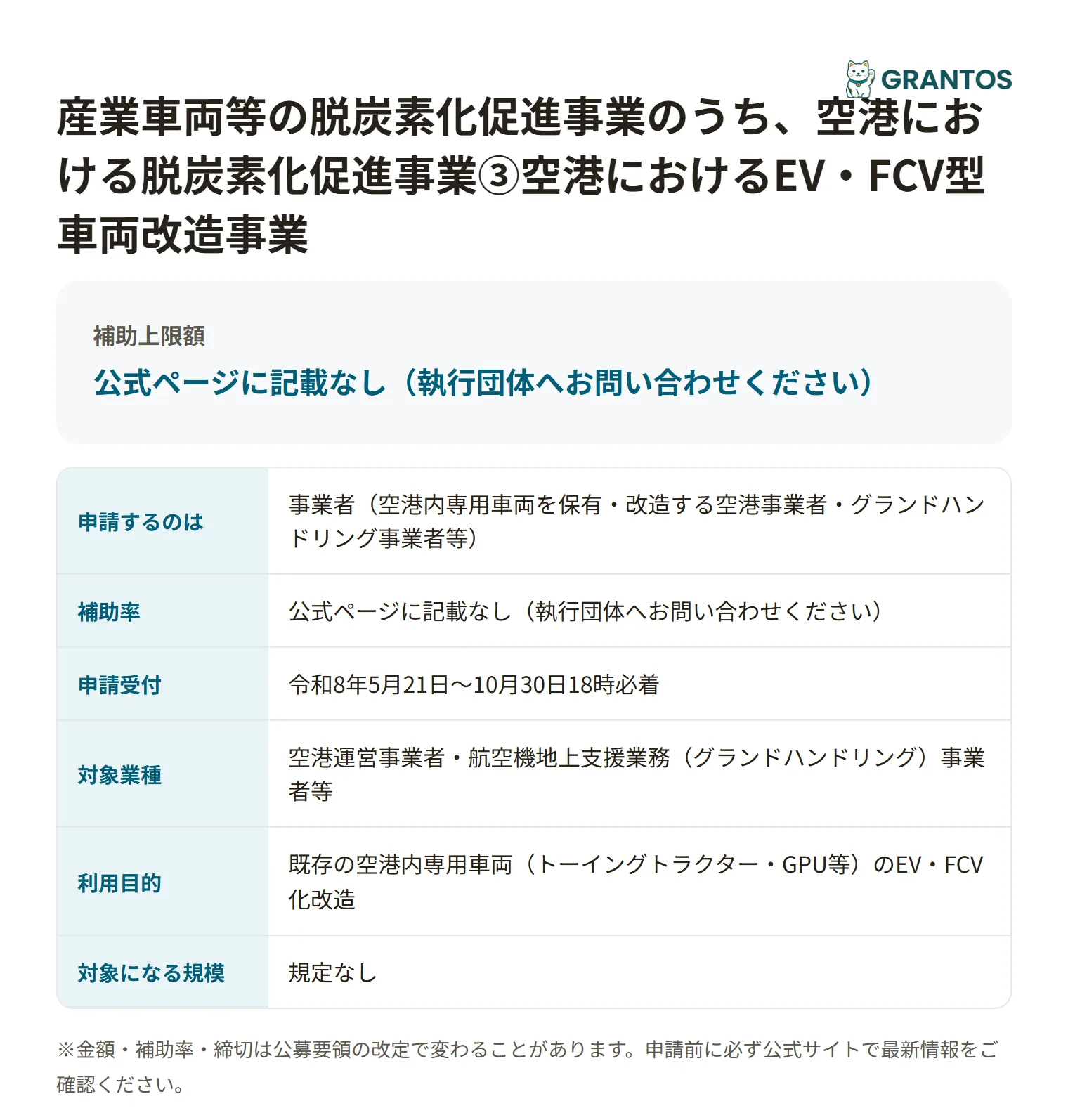 空港におけるEV・FCV型車両改造事業の対象・金額・締切の概要