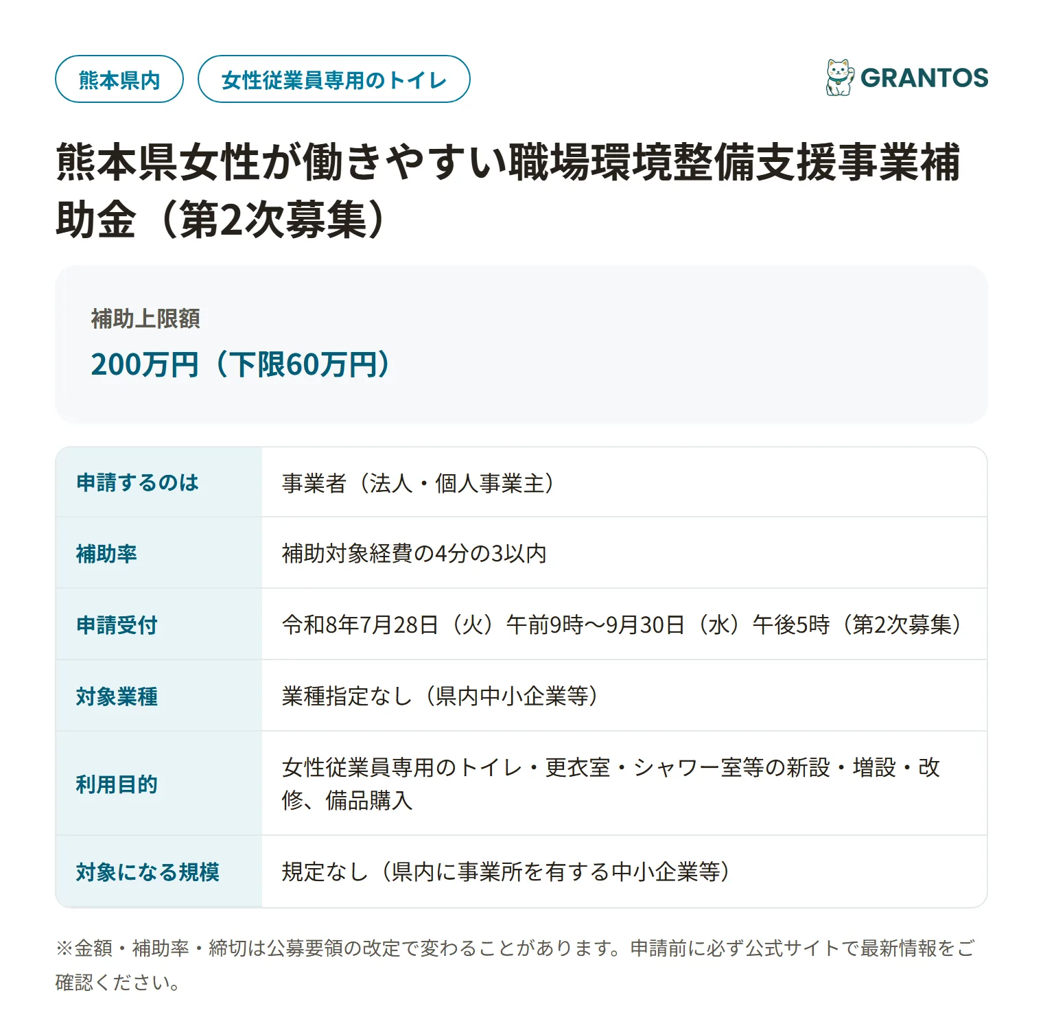 熊本県女性が働きやすい職場環境整備支援事業補助金の対象・金額・締切の概要