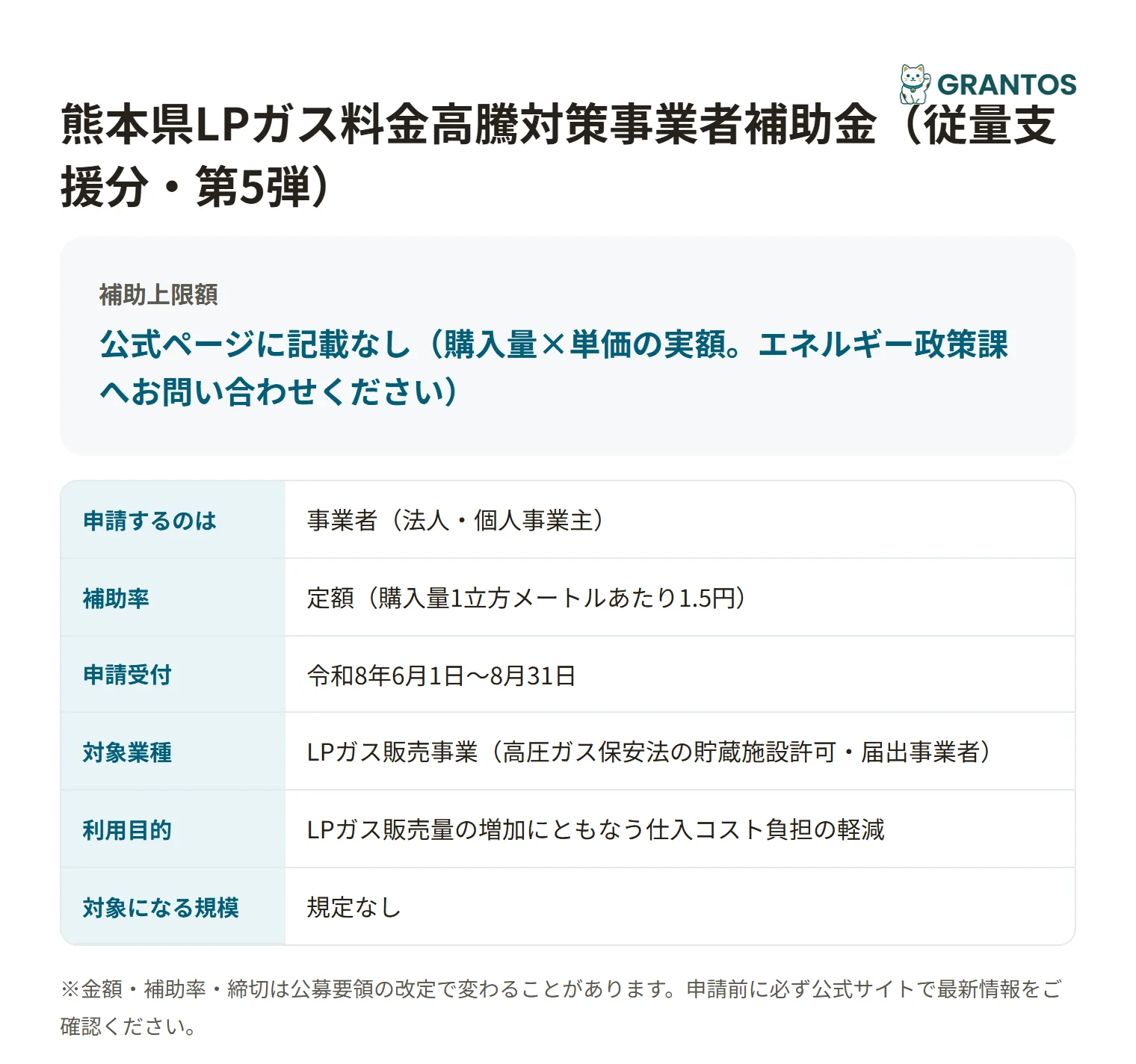 LPガス料金高騰対策事業者補助金（従量支援・第5弾）の対象・金額・締切の概要