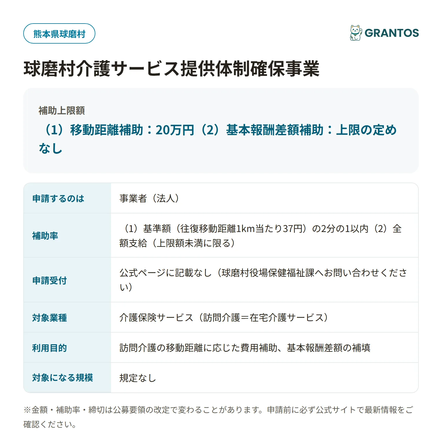 球磨村介護サービス提供体制確保事業の対象・金額・締切の概要