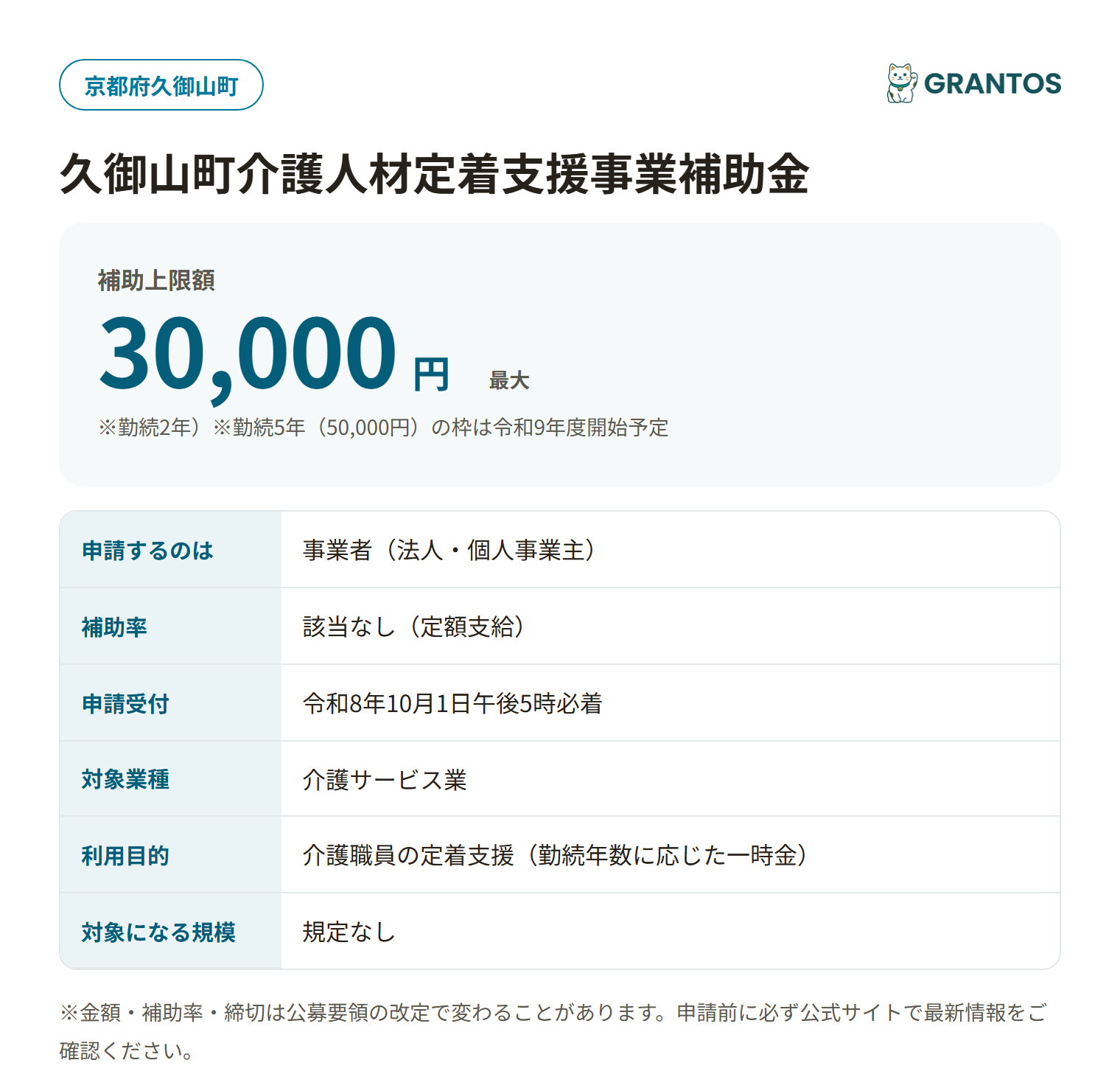 久御山町介護人材定着支援事業補助金の対象・金額・締切の概要