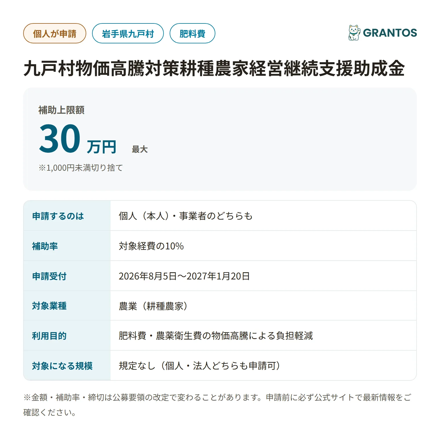 九戸村物価高騰対策耕種農家経営継続支援助成金の対象・金額・締切の概要