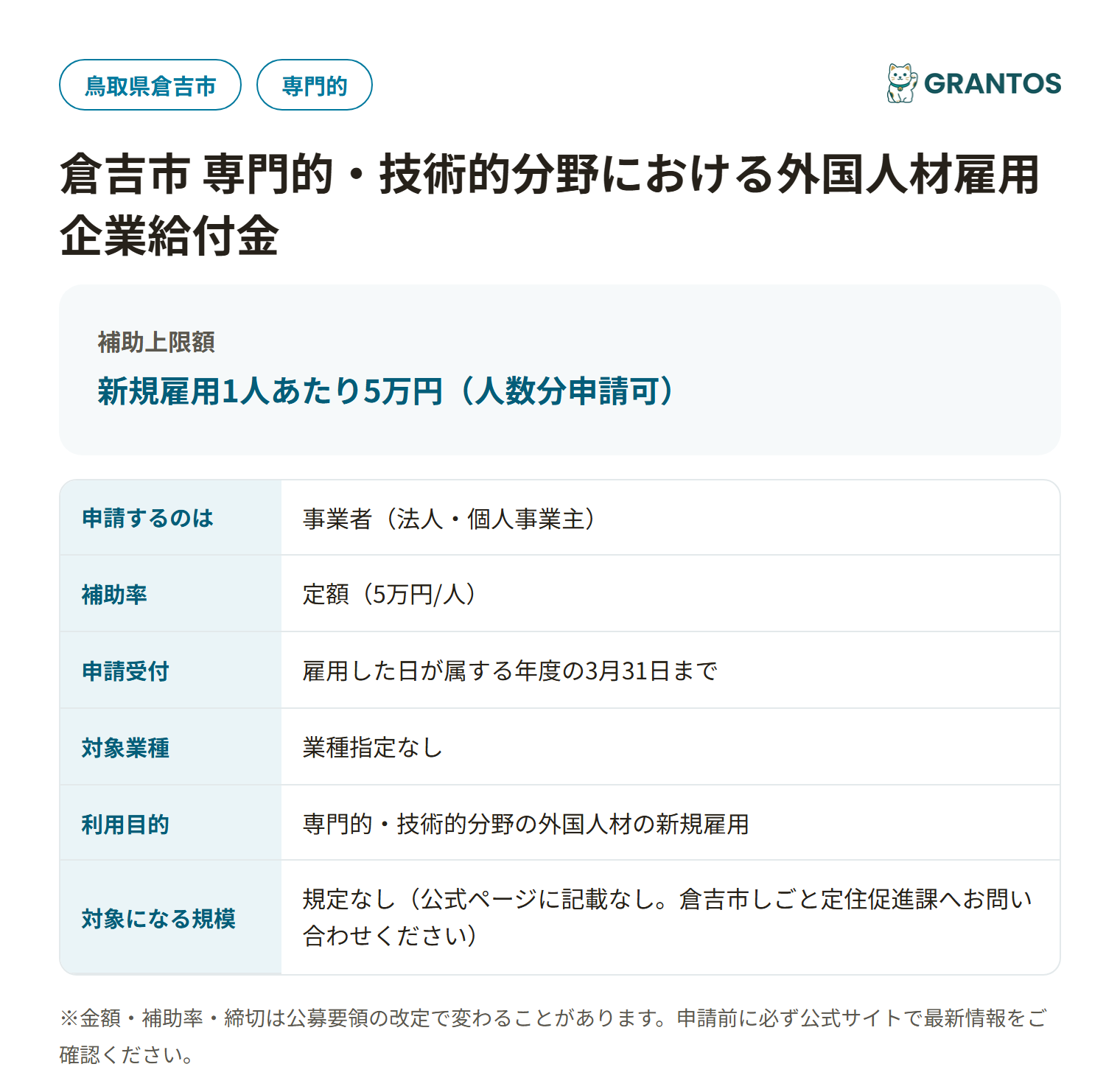 倉吉市 専門的・技術的分野における外国人材雇用企業給付金の対象・金額・締切の概要