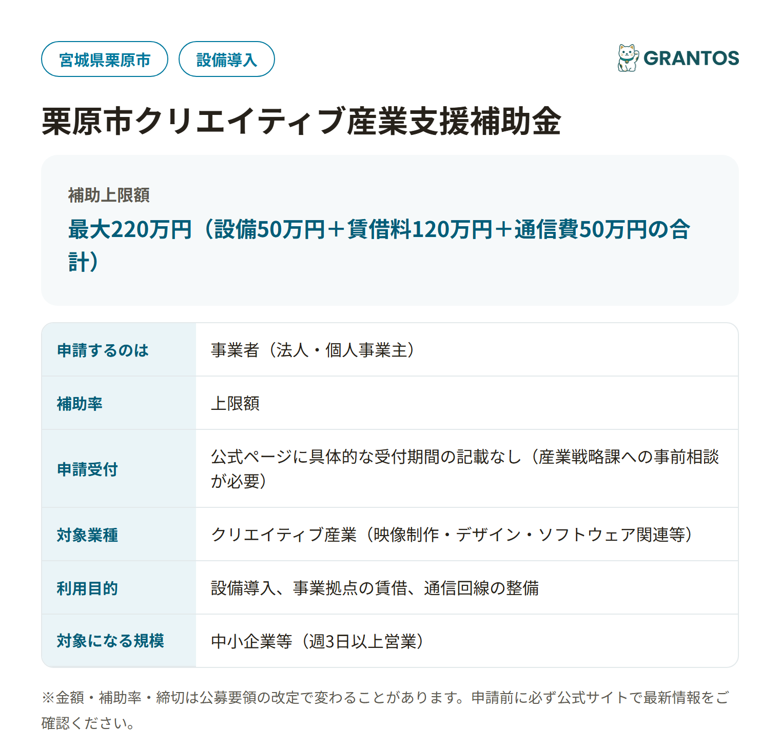 栗原市クリエイティブ産業支援補助金の対象・金額・締切の概要