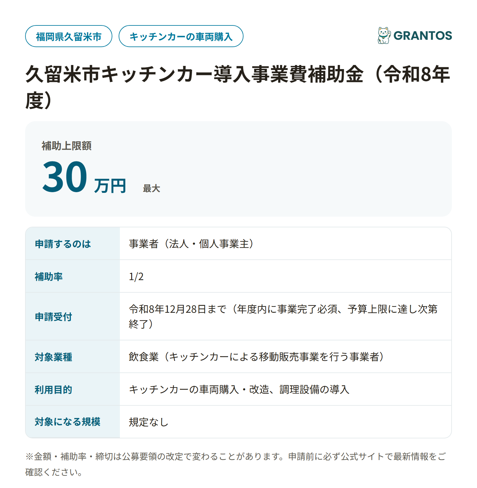 久留米市キッチンカー導入事業費補助金の対象・金額・締切の概要