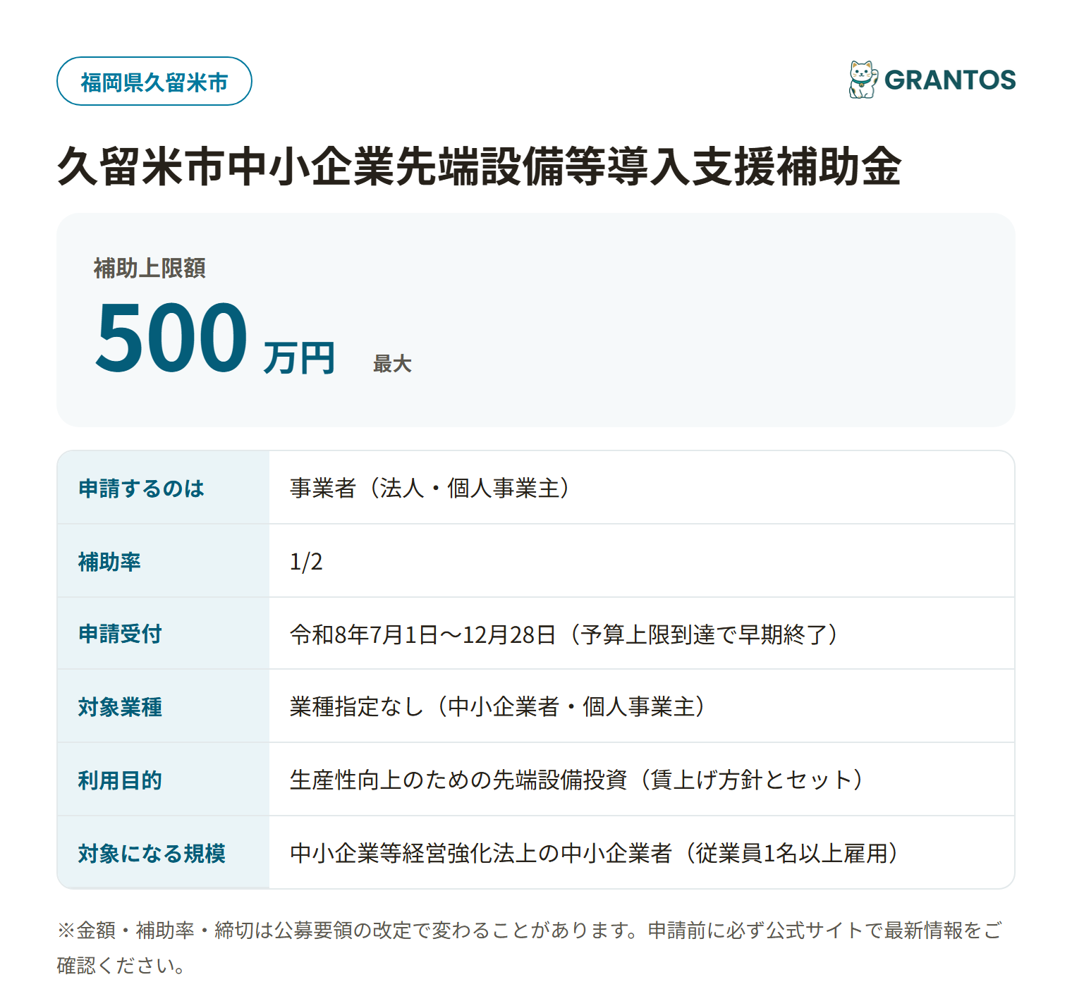 久留米市中小企業先端設備等導入支援補助金の対象・金額・締切の概要