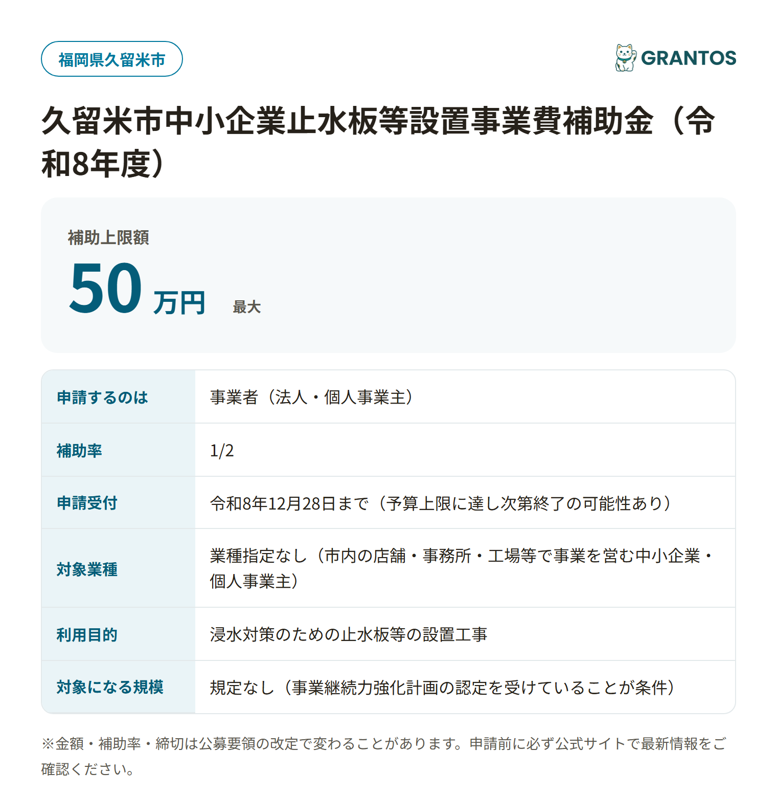 久留米市中小企業止水板等設置事業費補助金の対象・金額・締切の概要
