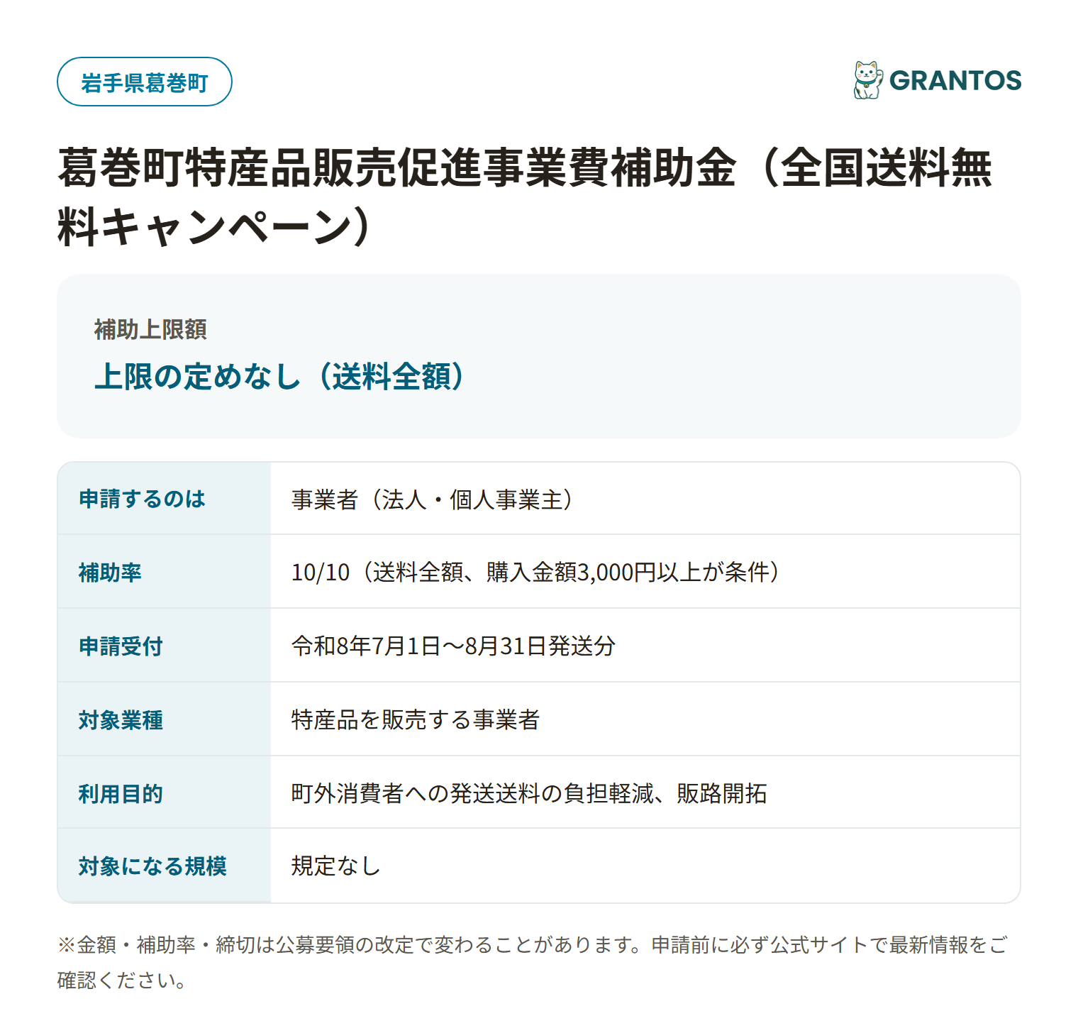 葛巻町特産品販売促進事業費補助金の対象・金額・締切の概要