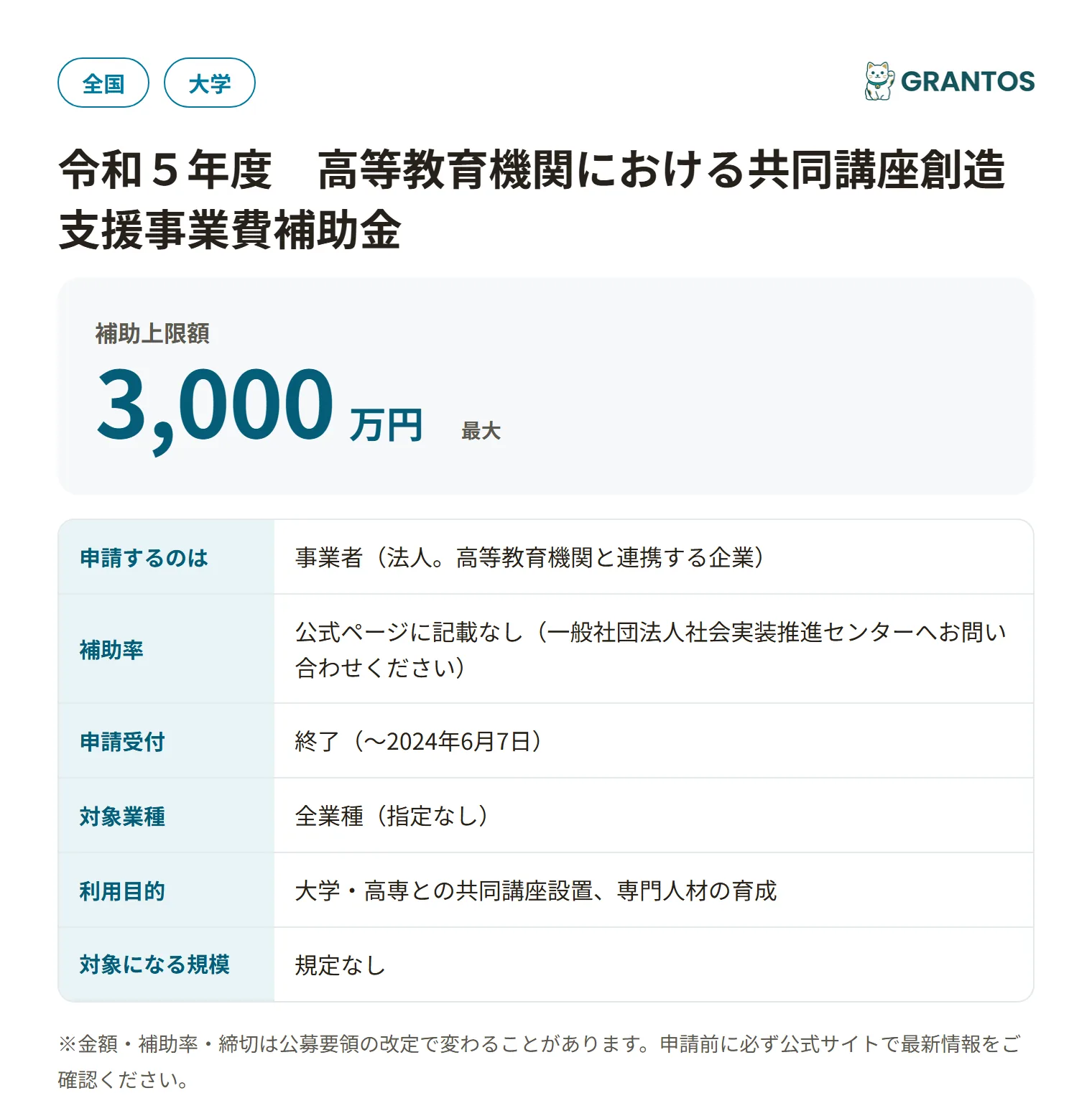共同講座創造支援事業費補助金(令和5年度・事業者募集)の対象・金額・締切の概要