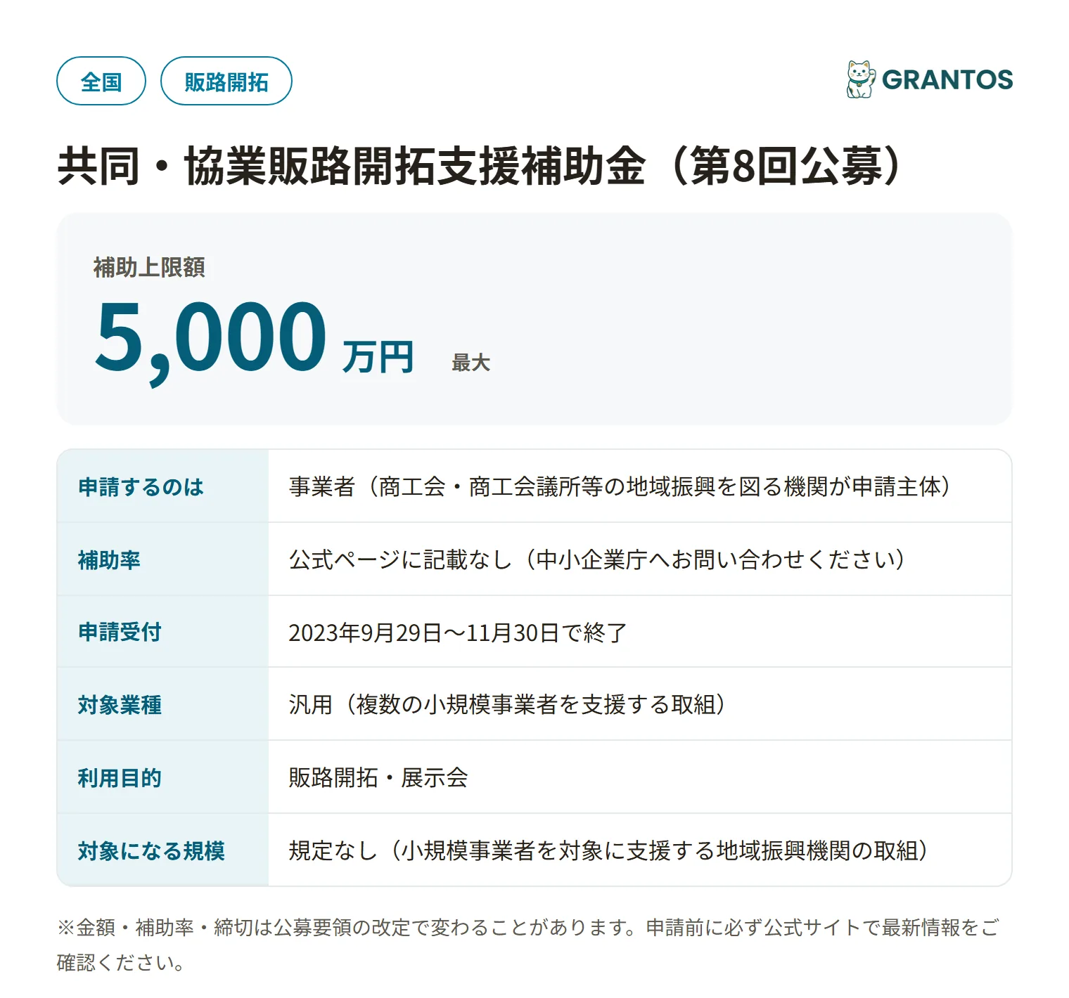 共同・協業販路開拓支援補助金（第8回公募）の対象・金額・締切の概要