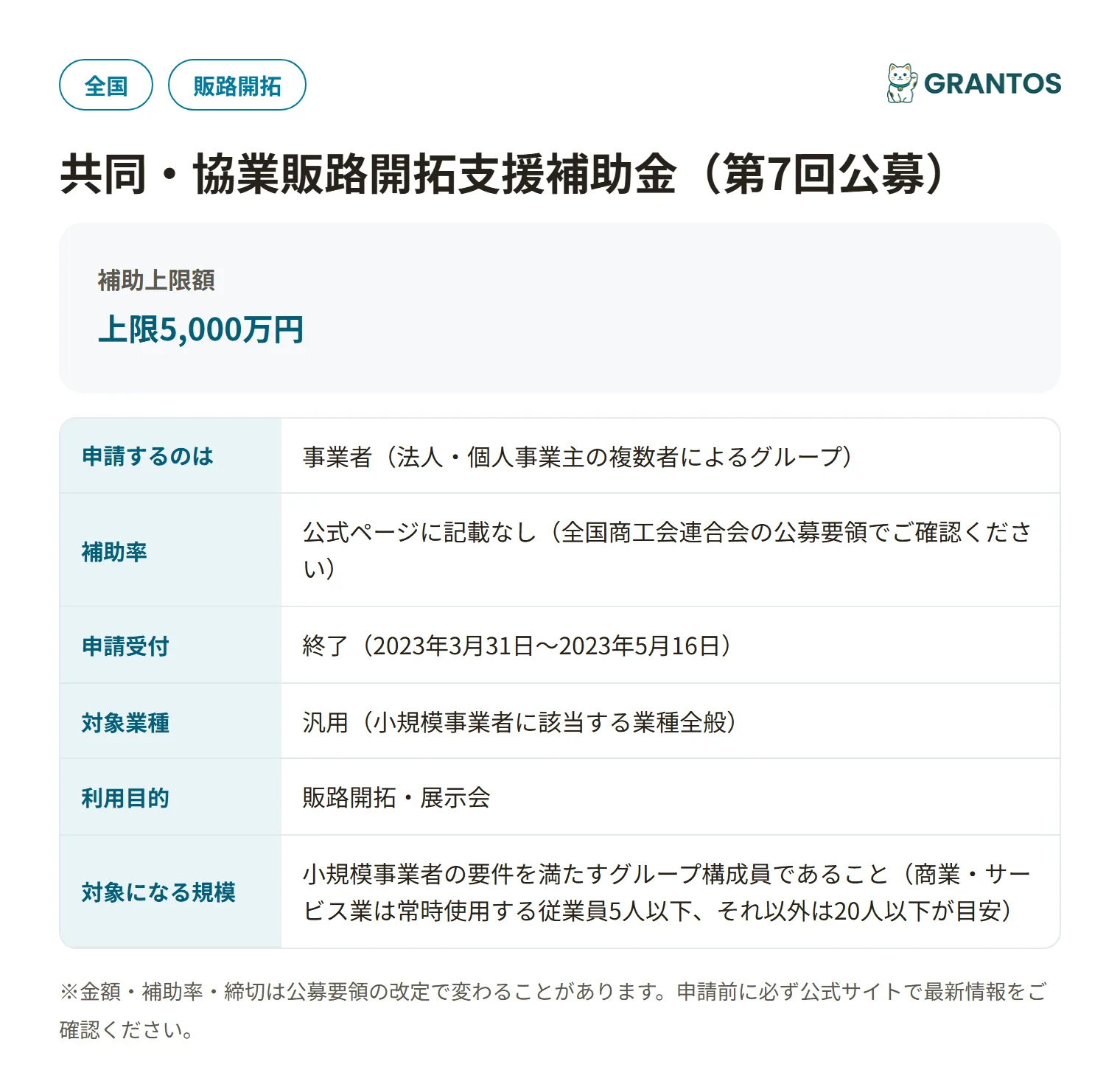 共同・協業販路開拓支援補助金（第7回公募）の対象・金額・締切の概要