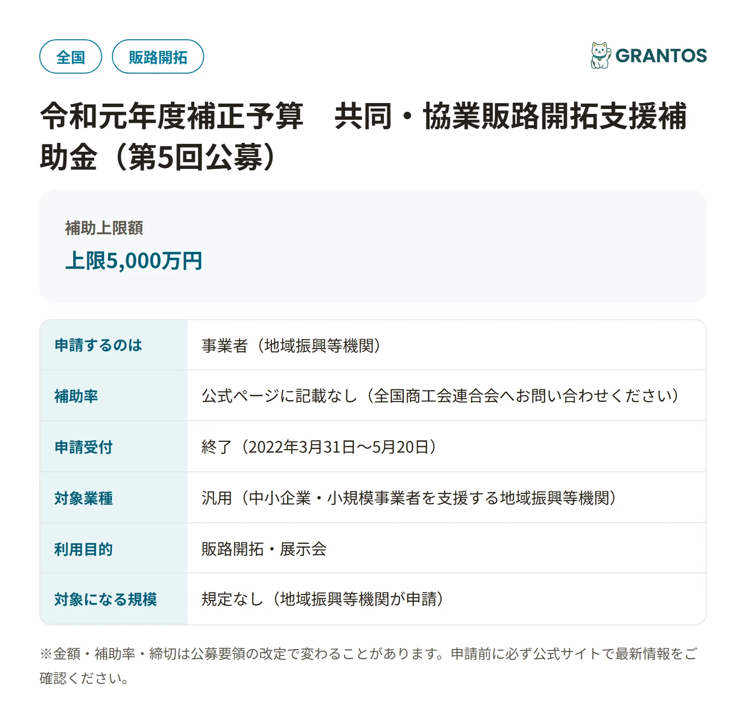 共同・協業販路開拓支援補助金（第5回公募）の対象・金額・締切の概要