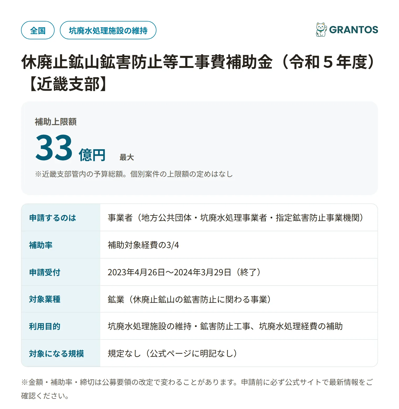 休廃止鉱山鉱害防止等工事費補助金（近畿支部）の対象・金額・締切の概要