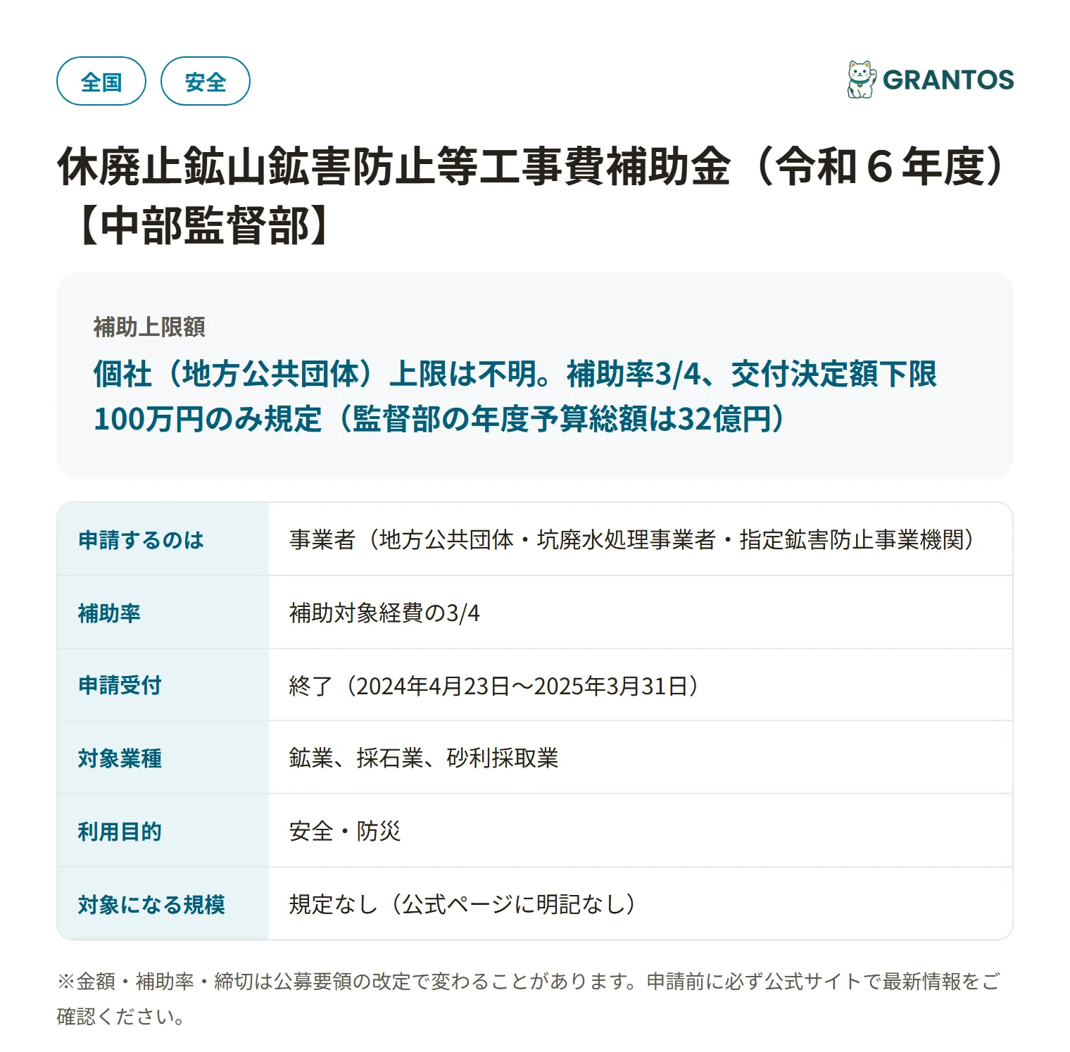 休廃止鉱山鉱害防止工事補助金（中部監督部）の対象・金額・締切の概要