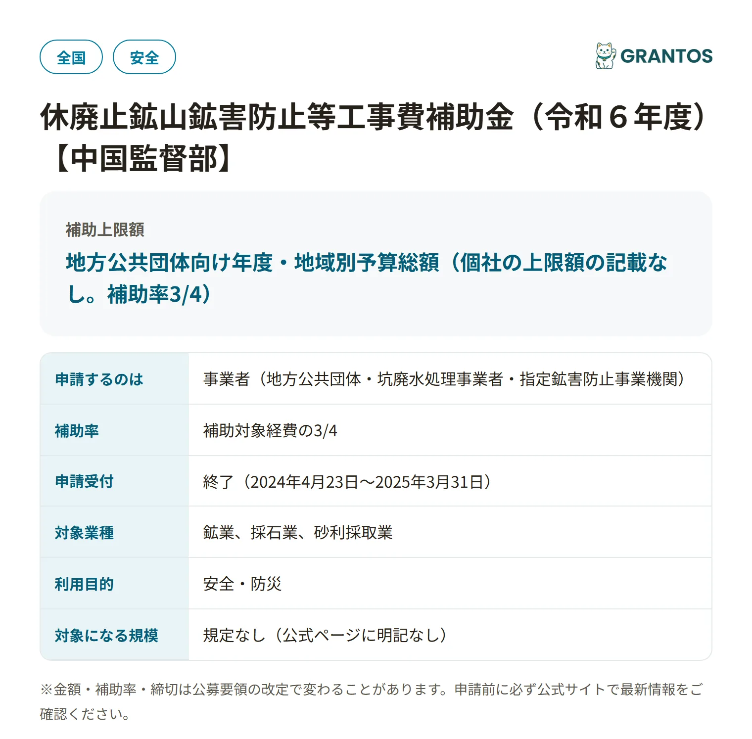 休廃止鉱山鉱害防止工事補助金（中国監督部）の対象・金額・締切の概要
