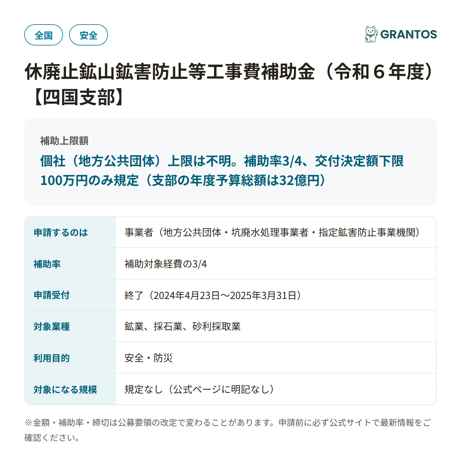 休廃止鉱山鉱害防止工事補助金（四国支部）の対象・金額・締切の概要