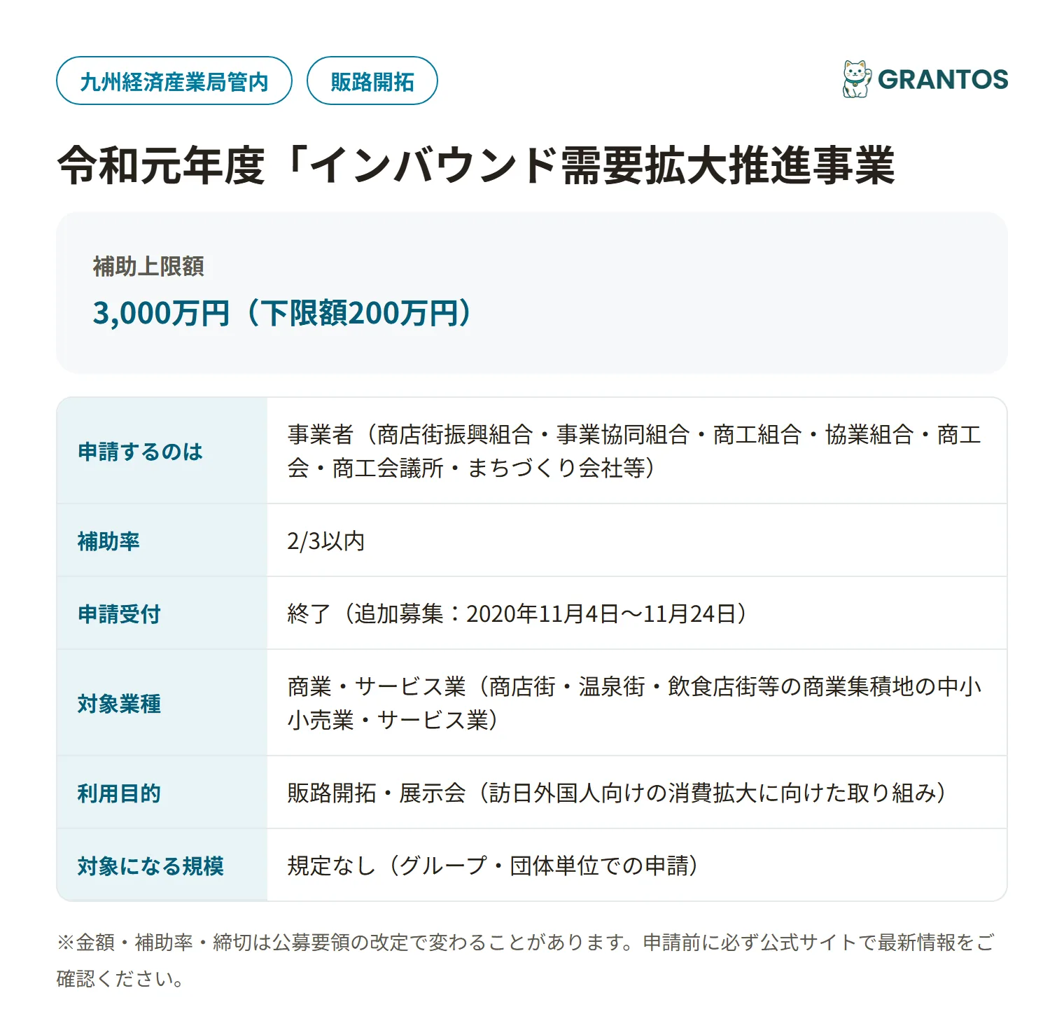 インバウンド需要拡大推進事業（地域消費拡大推進事業）の対象・金額・締切の概要