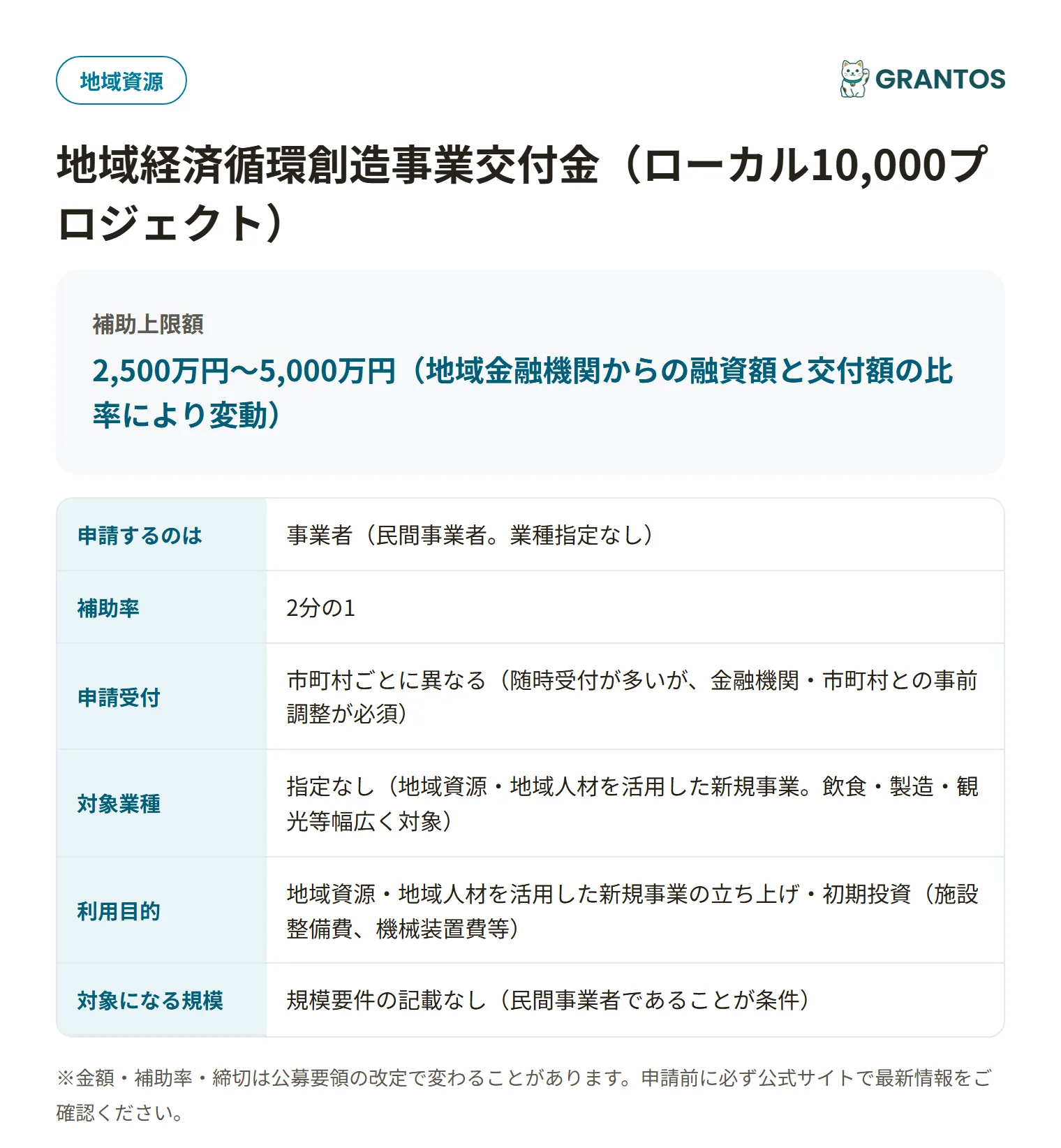 ローカル10,000プロジェクトの対象・金額・締切の概要