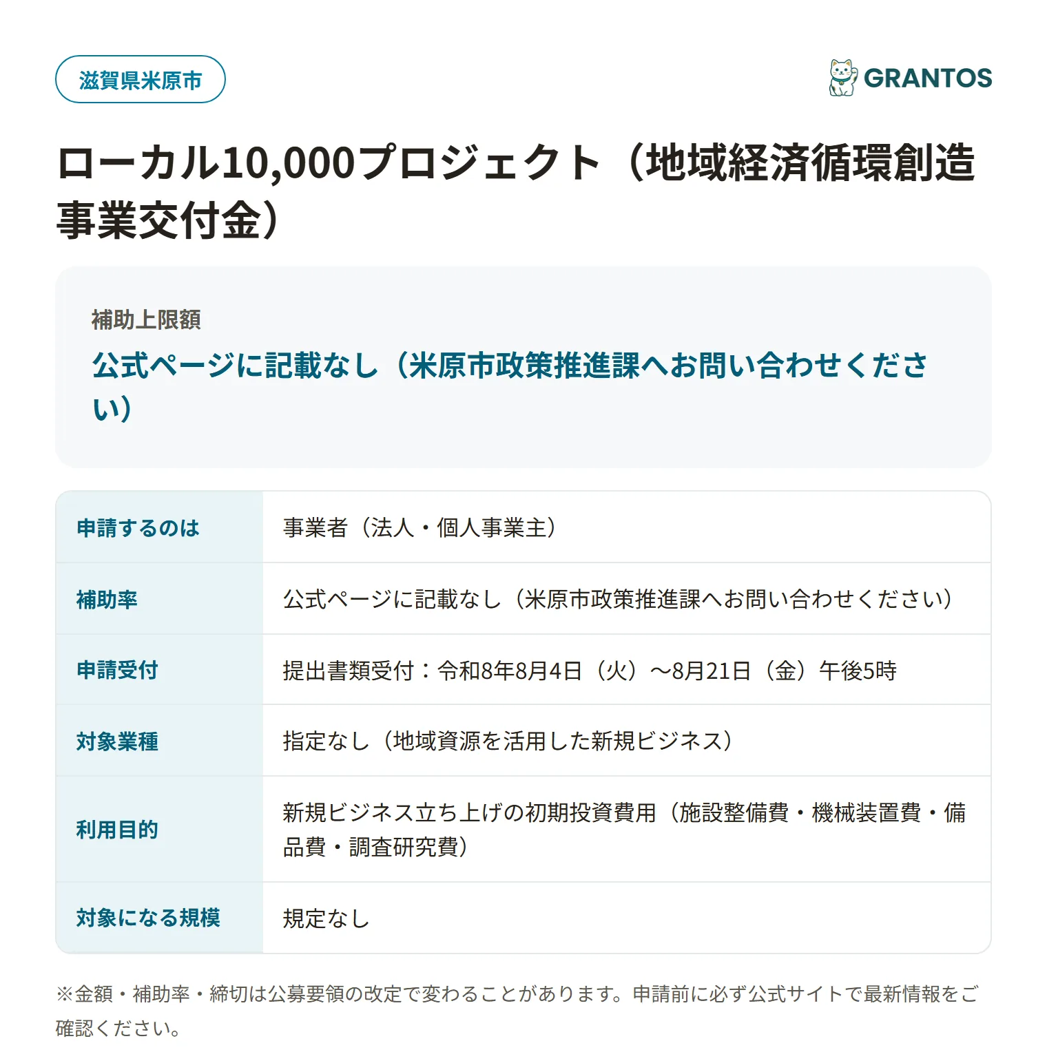 ローカル10,000プロジェクトの対象・金額・締切の概要
