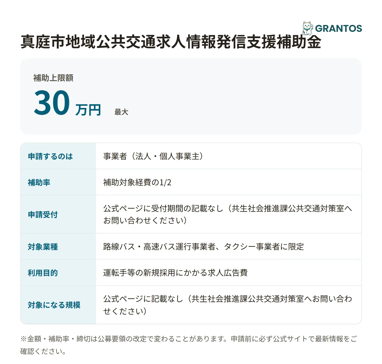 真庭市地域公共交通求人情報発信支援補助金の対象・金額・締切の概要
