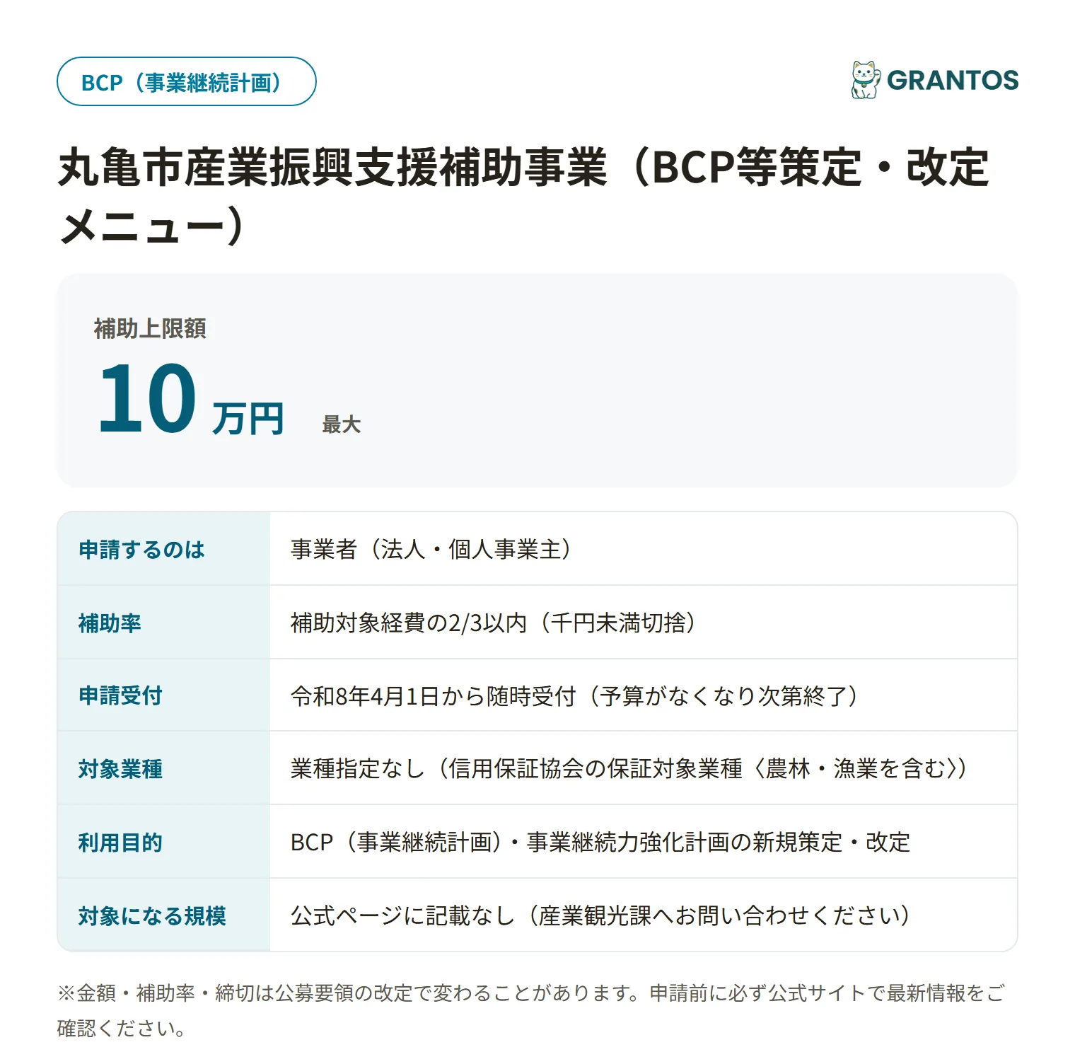 丸亀市産業振興支援補助事業（BCP等策定・改定メニュー）の対象・金額・締切の概要