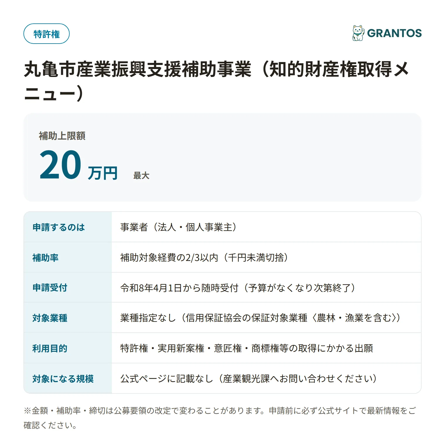 丸亀市産業振興支援補助事業（知的財産権取得メニュー）の対象・金額・締切の概要