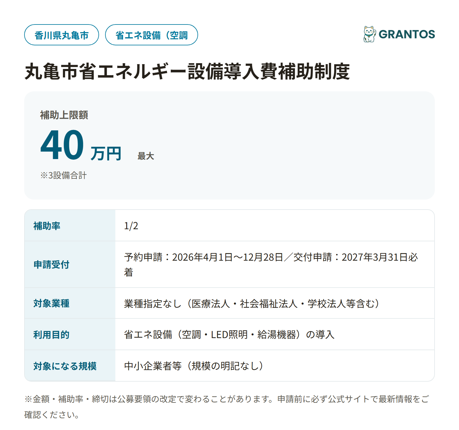丸亀市省エネルギー設備導入費補助制度の対象・金額・締切の概要