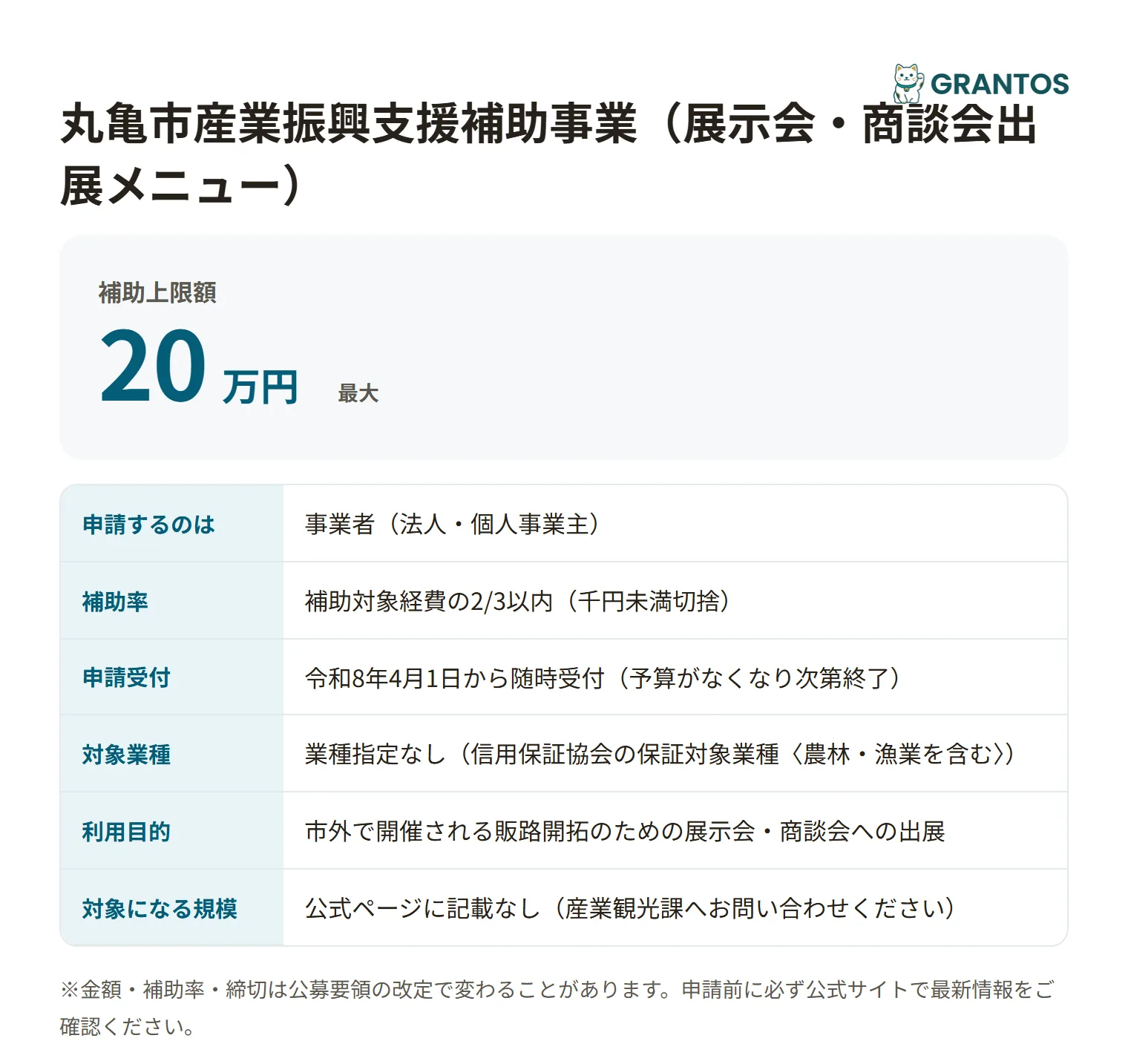 丸亀市産業振興支援補助事業（展示会・商談会出展メニュー）の対象・金額・締切の概要