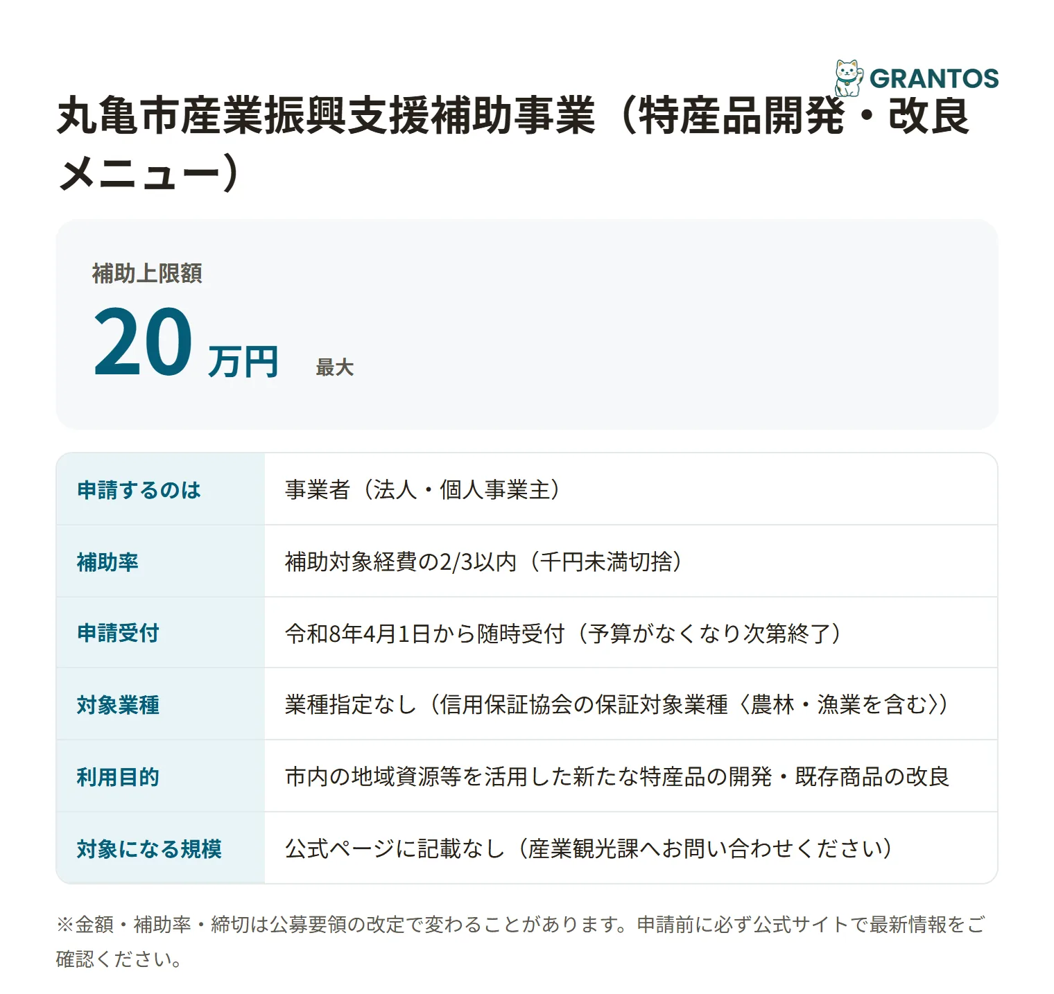 丸亀市産業振興支援補助事業（特産品開発・改良メニュー）の対象・金額・締切の概要