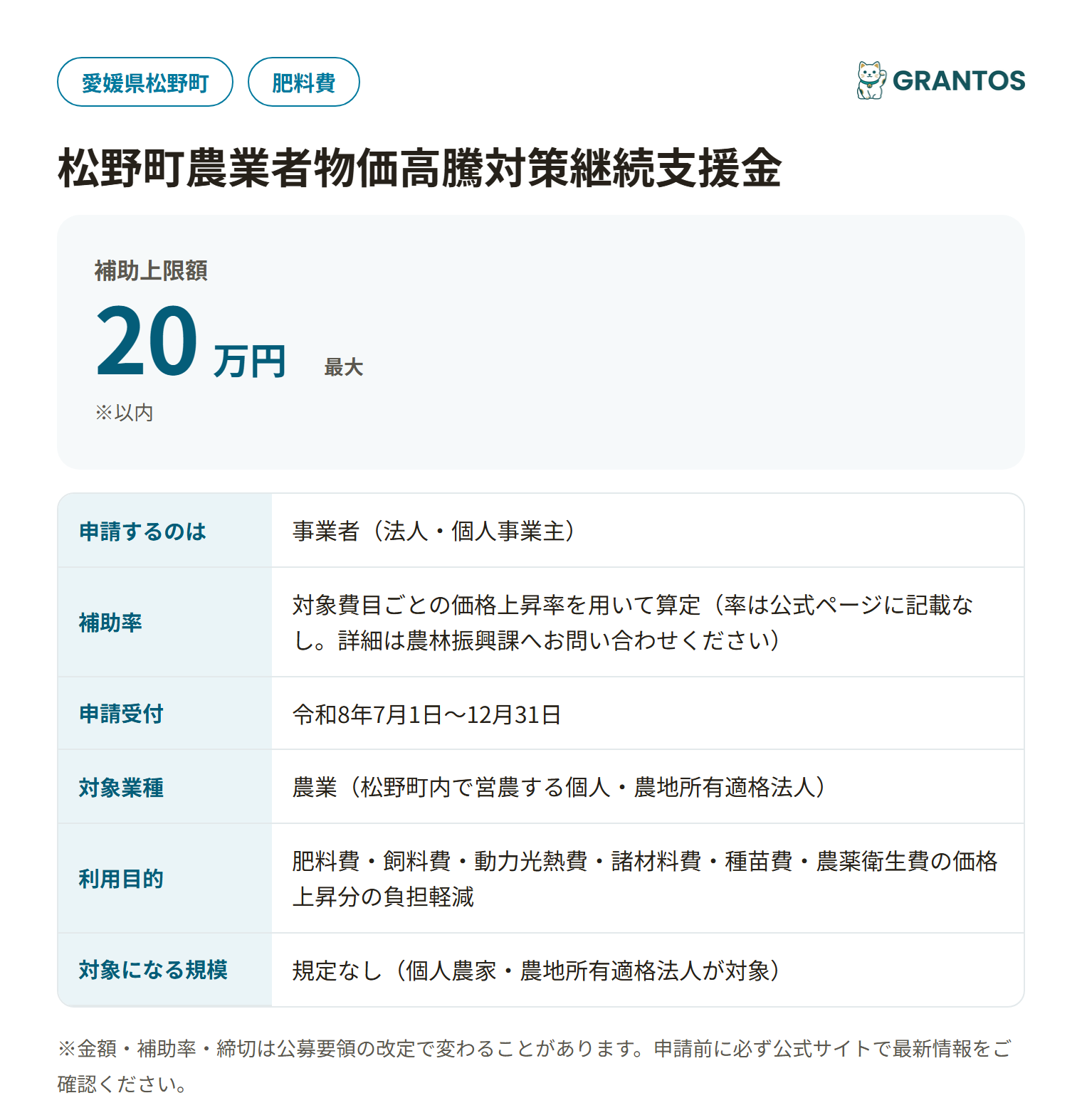 松野町農業者物価高騰対策継続支援金の対象・金額・締切の概要