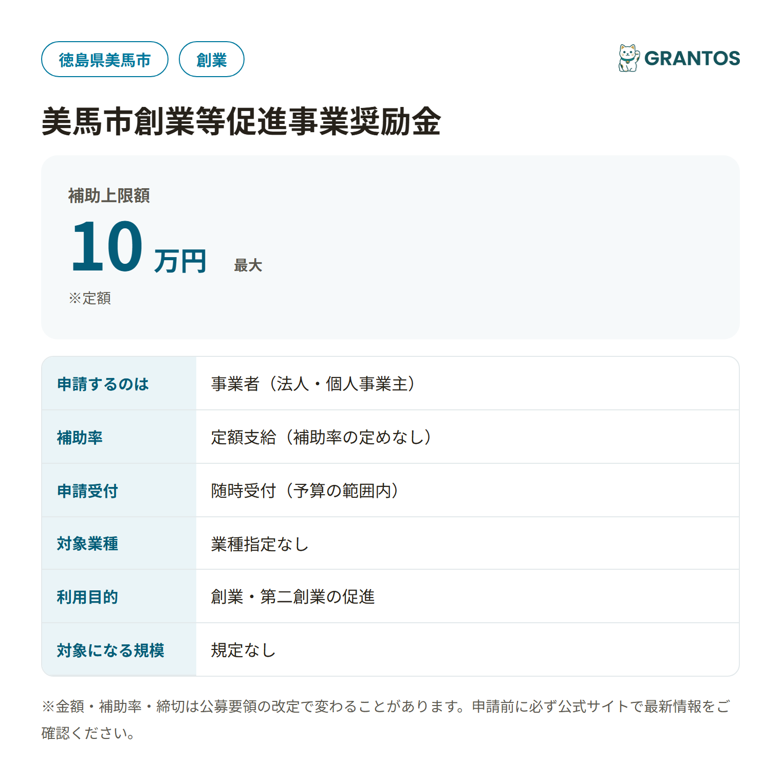 美馬市創業等促進事業奨励金の対象・金額・締切の概要