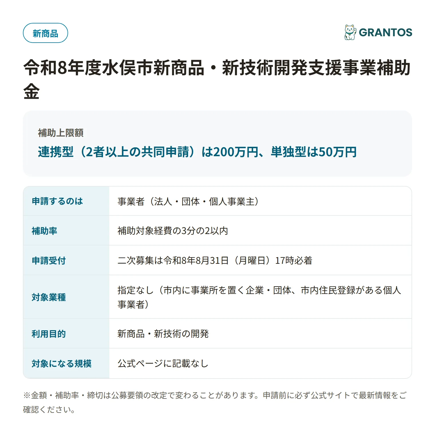 水俣市新商品・新技術開発支援事業補助金の対象・金額・締切の概要
